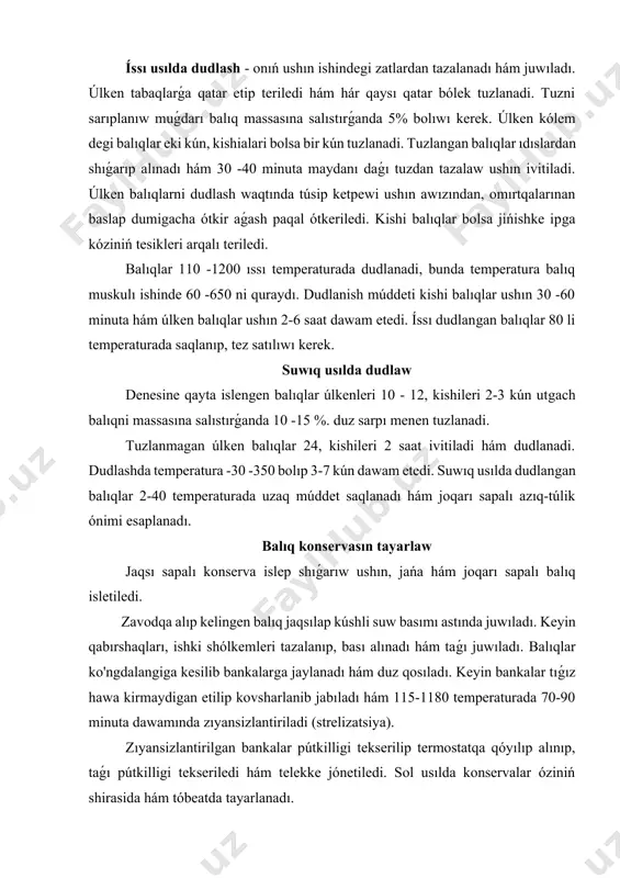 ar aldınan bólekan dudlanib quritiladi, keyininen bankalarga salıwdan aldın ósimlik mayında qovuriladi. shiprot tayarlaw shiprotlar kishi teńiz kil'ka balıqlaridan tayarlanadı. onıń ushın balıqlar juwılıp, basınan hám ishindegi shólkemlerinen tazalanadı hám ikkichi ret juwıladı hám kúshli bolmaǵan nomakob duzlaqta 2-3 saat tuzlanadi, keyin balıqlar 20 -30 minuta ıssı dudlanadi hám 1000 yog'da qovriladi, keyininen mayı oqiziladi, keyin balıqlar bankaga salınıp zeytun mayı qosıladı. may salınǵan bankalar germetik jabıladı hám 1150 temperaturada 20 -30 minuta zıyansizlantiriladi. shiprot hám de sardina balıqlaridan tayarlanǵan konserva balıqlari álpayım, jaqsı ta'mli, sapası joqarı boladı. ikra tayarlaw ikra joqarı sapalı beloklı azıq-awqat esaplanadı. ikra osetr, uzaq shıǵıs lososi hám kalin tur balıqlaridan tayarlanadı. osetr balıg'ini ikrasi- qaralaw yamasa tınıq kúl reń bolıp, úlken, donador boladı. bul ikradan donador hám presslangan, tuzlangan qara ikra tayarlanadı. donador ikra jańa balıqdan máyekdoni shıǵarıp alınadı hám tor setkadan ótkeriledi. bul ótkeriw nátiyjesinde máyekdon toqımaları to'rli setkada uslanıp qaladı hám ikrasi bolsa …