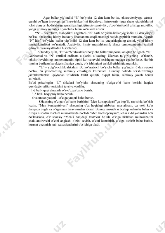 suhbatlashish imkoniyatidan mahrumsiz , o’zingizni juda ham baxtsiz kishi deb hisoblaysizmi? 47. siz o’zingizni asabi yomon kishi deb hisoblaysizmi? 48. sizning tanishlaringiz orasida o’zingizga yoqmaydigani ham bormi? 49. siz o’zingizni ishongan odam, deb hisoblaysizmi? 50.sizning kamchiliklaringizni tanqid qilishsa shaxsiyatingizga tegadimi? (ishingizdagi kamchiliklaringizni)? 51. davralarda , kechalarda qatnashib, qoniqish, olish qiyin deb hisoblaysizmi? 52. sizni boshqalardan nima bilandir yomonman degan fikr bezovta qiladimi? 53. zerikarli davrani qiziqtira olasizmi? 54. o’zingiz tushunmagan narsalar haqida gapirgan vaqtingiz bo’ladimi? 55. o’z sog’lig’ingiz haqida qayg’urasizmi? 56. birovlar ustidan hazil qilishni yoqtirasizmi? 57. uyqusizlikka duchor emasmisiz. natijalarni tahlili va interpretatsiyasi. tekshiriluvchining javoblari test kaliti ko’rsatgichlari bilan taqqoslanadi. masalan, agar tekshiriluvchi birinchi savolga “ha” deb javob bergan bo’lsa javob yonida “e” harfi qo’yiladi. agar tekshiriluvchi “yo’q” javobini bergan bo’lsa javob kalitga mos kelmaganligi uchun hech qanday belgi qo’yilmaydi. kalitda yo’q javoblarning mos kelishi ham ko’zda tutilgan. masalan, tekshiriluvchi beshinchi savolga “yo’q” deb javob berdi. bu holda “yo’q” …