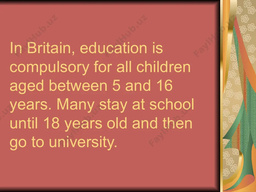 rses is almost unlimited. from mathematics to medicine. there are over 90 universities in gb. the best u.k. universities university of cambridge university of oxford university of birmingham university of manchester university of leeds durham university university of edinburgh university of warwick university college london university of southampton sourses: http://ppt4web.ru/anglijjskijj-jazyk/educational-system-in-great-britain.html thank you for your attention! image6.jpeg image7.png image8.png image9.png image10.png image11.png image12.png image13.png image14.png image15.png image16.png image17.png image18.png image19.png image20.png image1.wmf image2.png image3.png image4.png image5.png /docprops/thumbnail.jpeg