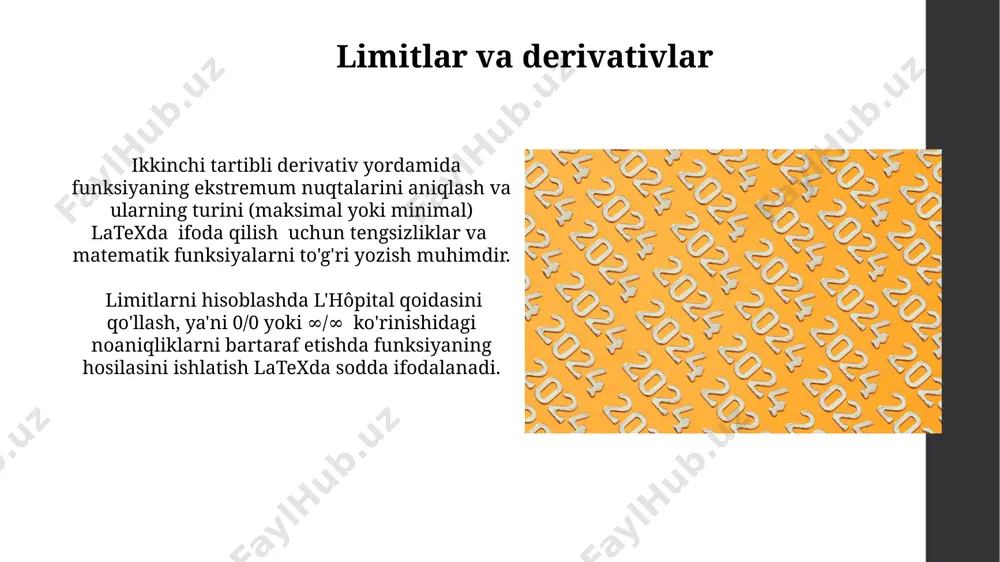 tematik matnlarni tuzishda juda muhimdir. hujjatni kompilyatsiya qilish ba'zi latex muharrirlarida avtomatik kompilyatsiya funksiyasi mavjud bo'lib, bu hujjatdagi o'zgarishlarni saqlaganingizdan keyin 0.5 soniya ichida avtomatik ravishda kompilyatsiya qilish imkonini beradi va bu samaradorlikni oshiradi. kompilyatsiya xatolarini bartaraf qilish uchun latex xabarlarini diqqat bilan o'qib, xato satr raqamini va xato turini aniqlash kerak, keyin hujjatdagi mos keladigan qismni tuzatish zarur. yig'indilar va mahsulotlar yig'indilarni va mahsulotlarni ifodalashda latexning `\sum` va `\prod` kabi maxsus buyruqlari 1 dan n gacha bo'lgan arifmetik ketma-ketlik yig'indisini yoki mahsulotini chiroyli va ixcham tarzda yozish imkonini beradi. latex'da ikki va undan ortiq yig'indi yoki mahsulotlarni birlashtirishda, masalan, ikki marta yig'indini hisoblashda, ko'p o'zgaruvchili funktsiyalar uchun 3 o'lchovli matritsalarni ishlatish kerak bo'ladi. integrallar va differensiallar differensiallarni yozishda `d` belgisi ishlatiladi, masalan, `dy/dx` birinchi darajali differensial hisoblanadi. ko'p o'zgaruvchili funksiyalar uchun qisman differensiallar ham mavjud. murakkab integral va differensial ifodalarni latexda formatlash uchun `{}`, `[]`, `()` kabi qavslar va …