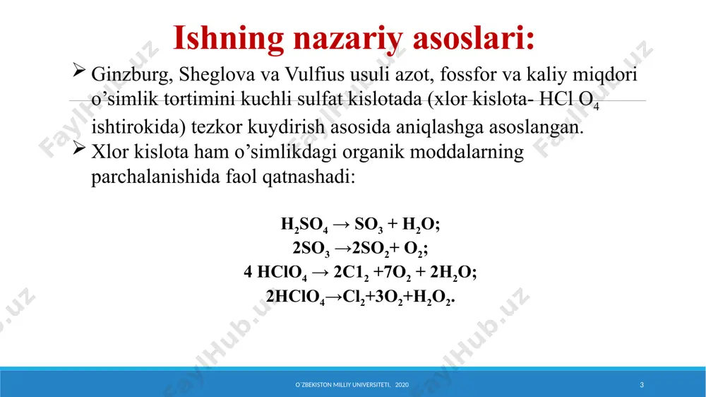 ish so’ngra aralashmalar kuchsiz olovda sulfat kislotaning oq bug’lari paydo bulguncha qizdiriladn. kolbalar olovdan olib sovutiladi, voronkani ko’tarib, 5-6 tomchi xlor kislota tomiziladi, kuchli olovda 5-7 daqiqa qaynatiladi. eritma rangsizlanmasa, yana 1-2 tomchi xlor kislota tomiziladi va qaynatish davom ettiriladi o`zbekiston milliy universiteti, 2020 9 «a» eritma tayyorlash rangsizlangai aralashma 100 ml sig’imli (paxta xom ashyosi 250 ml sig’imli) o’lchov kolbasiga o’tkaziladi. eritmadan 10 ml olib, xajmi 10 ml ga etkaziladi va u a eritma deb yuritiladi. o`zbekiston milliy universiteti, 2020 10 «b» eritma tayyorlash «a» eritmadan 25 ml olib, 100 ml sig’imlu o’lchov kolbasiga o’tkaziladi, o’lchov chizig’igacha distillangan suv kuyiladi («b» eritma) va undan fosfor hamda kaliyni aniqlashda foydalaniladi. o`zbekiston milliy universiteti, 2020 11 azot miqdorini fek da aniqlash «a» eritmadan 50 ml sig’imli o’lchov kolbasiga 0,5-2,0 ml olinadi, ustiga 20-30 ml suv ko’shiladi va 1 tomchi metil qizili ishtirokida eritmaning och pushti rangi yuqolguncha 10% li naoh eritmasi …