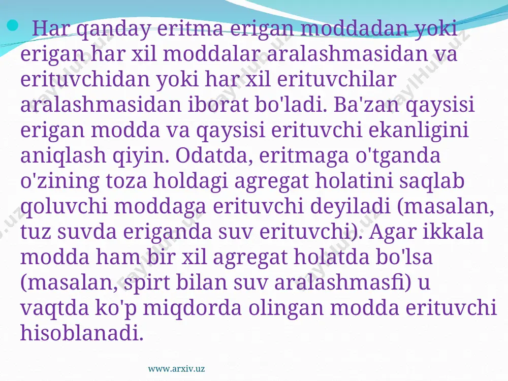 radi. agar eritmadagi ionlar qiyin eruvchan yoki kam dissotsiyalanadigan yoxud oson eruvchan moddalar hosil qila olsagina reaksiya sodir bo’ladi. kumush nitrat eritmasiga hcl yoki uning istalgan tuzi eritmasini ta’sir ettiramiz: agno3 + hcl = ↓agcl + hno3 agno3 + nacl =↓ agcl + nano3 har ikkala holda ham suvda deyarli erimaydigan, o’ziga xos oq “suzmasimon” cho’kma–kumush xlorid hosil bo’ladi. agcl dan tashqari barcha moddalar eritmada ionlar holida bo’ladi. ag+ + no3– + h+ + cl– = ↓agcl + h+ + no3– ag+ + no3– + na++ cl– =↓agcl + na+ + no3– www.arxiv.uz www.arxiv.uz bu reaksiyalarning mohiyati shundaki, eritmadagi ag+ ionlari cl– ionlari bilan o’zaro ta’sir etib, agcl cho’kmasini hosil qiladi. h+, na+ va no3– ionlari ushbu almashinish reaksiyalarida o’zgarmaydi, shuning uchun tenglama tuzishda ularni ko’rsatmasa ham bo’ladi. yuqorida ko’rsatib o’tilgan protsesslar bitta umumiy formula bilan ifodalanadi: ag+ + cl– =agcl↓ masalan, quyidagi tenglamalar bilan ifodalanadigan reaksiyalarda ba2+ ionlari so42– …