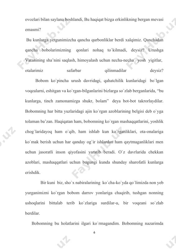 r. bu kunlar uchun qancha qonlar to`kdik, qancha qurbonliklar berdik. bolalarim, bu kunlar qadriga yetinglar. a’lo o`qib, o`zbek xalqining farzandi ekanligingizni dunyoga ko`rsating”. bu so`zlarni shunchaki oddiygina tinglab bo`lmasdi. butun vujudim, qalbim larzaga keldi. ko`zlarimda yosh aylandi va bobomning “o`ziga shukur, yaratganiga shukur” deb ko`p takrorlaydigan so`zlari yodimga tushdi. yaratganim o`zingga shukur, dorilomon kunlaring uchun. madadkorim o`zingga shukur, tinchlik berib suyganing uchun. neki qilsak, sen uchun kamdir bizga bergan non tuzing uchun. suyanganim, boringga shukur, bizni shunday asraganingchun. vatanim- onam deya doim alqab kelamiz. chunki vatanni mehribon onajonlarimiz-u, duogo`y buvijonlarimiz timsollarida ko`ramiz. har gal buvimni ko`rgani borganimda peshonamni silab, bagirlariga bosib, neki asrab qo`yganlari bo`lsa dasturxonga oladilar. men uchun atay tikib qo`ygan ko`ylaklari-yu, yostiqchalarni menga ilinadilar. shu onda xayolimdan bir savol o`tadi. buvijonimning bunday iltifotlari uchun nimalar qilsam, kongillari ko`tariladi. o`zlaridan so`raganimda, “bolam, tez-tez kelib tursang bo`lgani”, deydilar. qo`shni ayollar buvimning oldilariga tez-tez chiqib turadilar. ba’zilari tikish sirlarini o`rganish uchun, …