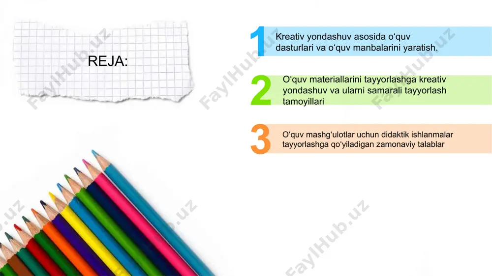 o`zining kreativlik layoqatini to`la namoyon etish imkoniyatiga ega. odatda mualliflik o`quv dasturlarida talabalarning erkin tanlovi bo`yicha(majburiy yoki maxsus)kurslar tashkil etishda,to`garaklar, ilmiy jamiyatlar, “fan klublari”,texnik va badiiy ijodiyot markazlari faoliyatida samarali qo`llaniladi. ta`lim mazmuni vao`quv dasturlari ,o`quv adabiyotlarida loyihalashtiriladi. talabalarning ehtiyojini qondirishi hamda qiziqishini oshira olishi; darslikda bayon etilayotgan o`quv axborotlari lo`nda,tushunarlivavizual bo’lishi; o’quvchilarning estetik ehtiyojlariga mos bo’lishi kerak; ta’lim mazmuniga qo’yiladigan barcha talablarga javob bera olishi; g’oyaviy va metodik jihatdan mukammal bo`lgan darslik quyidagicha bo’ladi: allppt layout clean text slide for your presentation shaxsda kreativ fikrlash ko`nikmalarini rivojlantirish uchun,eng avvalo, ularda tanqidiy fikrlash malakalarini shakllantirish talab etiladi.(ken robinson(2011y.) ta`kidlaganidek,kreativlik talabalarda“nafaqat yangi g’oyalarni ilgari surishini taqozoetishi,balki o`quv masalalari bo`yicha qarorlar qabul qilish,tahlil etish ko`nikmalarini ham shakllantira olishi lozim.kreativlik jarayoni boshlang’ich g’oyalarni ishlab chiqish,ularni tadqiq va tahlil etish, zarur bo’lsa ulardan voz kechishni ham o’z ichiga oladi. demak,pedagoglarning o`quv dasturlari va o`quv manbalarini yaratishga nisbatan kreativ yondashuvlari talabalarning umumiy rivojlanishi hamda kasbiy …