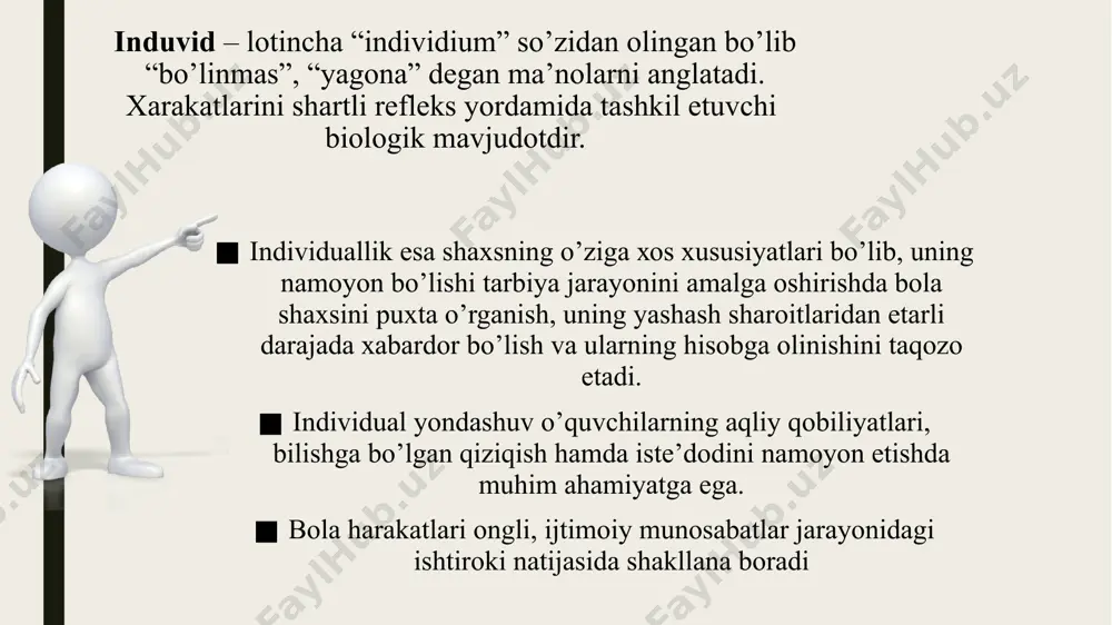 r, ya’ni, ijtimoiylashadilar. ijtimoiylashuv uzoq davom etadigan murakkab jarayon. chunki har qanday jamiyat rivojlanish jarayonida ijtimoiy va axloqiy qadriyatlar, ideallar, axloqiy me’yorlar va qoidalar tizimini ishlab chiqadi, har bir bola yuqoridagi qoidalarni qabul qilib, o’rganib mazkur jamiyatda yashash, uning a’zosi bo’lish imkoniyatiga ega bo’ladi. buning uchun jamiyat u yoki bu shaklda shaxsga maqsadga muvofiq ta’sir etadi. bu ta’sir ta’lim vositasida amalga oshadi. ikkinchi tomondan, shaxsning shakllanishiga turli g’oyalar, ijtimoiy muhit ta’sir ko’rsatadi tarbiyada qarama-qarshilik insonparvarlik g'oyasi yordamidagina bartaraf etilishi mumkin. zero, o’zbekiston respublikasining «kadrlar tayyorlash milliy dasturi»da ham ta’kidlab o’tilganidek, uzluksiz ta’limni tashkil etish, rivojlantirish hamda ta’limning ijtimoiylashuviga erishish dolzarb masaladir. ta’lim oluvchilarda estetik boy dunyoqarashni shakllantirish, ularda yuksak ma’naviyat, madaniyat va ijodiy fikrlash qobiliyatini rivojlantirish kabilar muhim ijtimoiy talablar hisoblanadi. mavzu yuzasidan test 1. shaxs rivojlanishining asosiy bosqichlari qaysilar? bolalik, o'smirlik, kattalashish b) oila, maktab, ish c) yosh, bilim, tajriba d) yechim, muammo, natija 2. tarbiyaning asosiy maqsadi nima? …