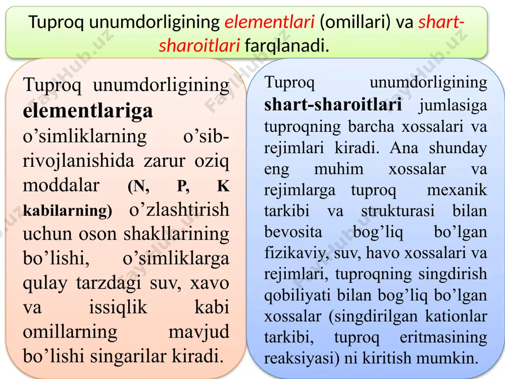an foydalaniladi. kimyoviy usul yerga mineral o’g’itlar solish yo’li bilan tuproqda o’simliklar uchun zarur va tez o’tadigan oziq elementlari miqdorini ko’paytirish hamda tuproqning kimyoviy xossalarini yaxshilashga qaratilgan. fizikaviy usul larga fizik-mexanikaviy va meliorativ tadbirlar qullanish ya’ni yerni ishlash, haydalma qatlamda agronomik jihatdan qimmatli struktura yaratish, tuproqning suv-fizik, issiqlik xossalari va rejimlarini yaxshilash singari tadbirlar kiradi. tuproq unumdorligini muntazam oshirib borish va uning imkoniyatlaridan qishloq xo’jalik ekinlari hosildorligini yanada oshirish maqsadida samarali foydalanish, hozirgi tuproqshunoslikning aktual muammolaridan biridir. tuproqning samarali unumdorligini oshirish usullari xilma-xildir. tuproqqa maqbul darajada ishlov berish, o’g’itlar va turli meliorativ tadbirlardan foydalanish, almashlab ekish, yerdan foydalanishni ilmiy asosda tashkil etish, tuproqning ekologik holatini yaxshilash singari tadbirlar tuproq unumdorligining samaradorligini keskin oshirish imkonini beradi. tog‘ jinslari, minerallar va organik moddalarning to‘xtovsiz maydalanishi va parchalanishi natijasida tuproqdagi zarrachalar aralashmasi- dispers sistema hosil bo‘ladi. odatda zarralar o‘lchami (diametiri) 1 mikrondan kichik bo‘lsa kolloid xossasi ro‘y beradi. kolloid xossasiga ega bo‘lgan barcha …