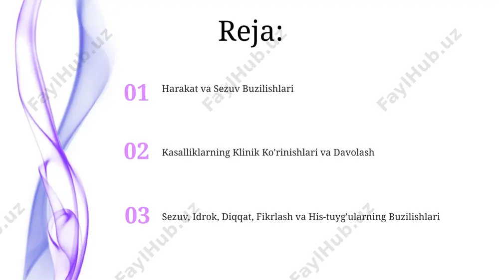 a, nogironlikning asosiy sabablaridan biri hisoblanadi. eʼtibor buzilishlari eʼtibor buzilishlarini davolashda, 10 yoshgacha boʻlgan bolalar uchun xulq-atvor terapiyasi va dori-darmonlar bilan birgalikda qoʻllaniladi, va bu samaradorlikni oshiradi, shu bilan birga, samarqand shahridagi mutaxassislar tomonidan ishlab chiqilgan yangi davolash usullari ham samarali boʻlib chiqmoqda. eʼtibor buzilishlari, masalan, diqqat tanqisligi giperaktivlik buzilishi (dtgb), dunyo boʻyicha 5-7% bolalarda uchraydi va buzilishning asosiy alomatlari orasida konsentratsiya qilish qiyinchiliklari, impulsivlik va giperaktivlik mavjud. sezuvchanlik buzilishlarining tasnifi sezuvchanlik buzilishlarining tasnifi, etiologiyasiga (ya’ni, sabablariga) ko'ra, irsiy, toksik, yallig'lanishli va boshqa 7 ta asosiy guruhga bo'linadi, bu esa davolash usullarining tanlanishida muhim rol o'ynaydi. o'zbekistonda sezuvchanlik buzilishlarini aniqlash va davolash uchun 3 ta yirik nevrologiya markazi faoliyat yuritadi, ular yiliga 5000 dan ortiq bemorni qabul qiladi va turli xil diagnostik usullardan, shu jumladan, elektroensefalografiya va magnit-rezonans tomografiyadan foydalanadi. motorli va sezgi buzilishlari sensorli buzilishlar, masalan, periferik nevropatiya, qo'l va oyoqlarda og'riq, uyqusizlik va karıncalanma hissiyotlari kabi alomatlarni keltirib …