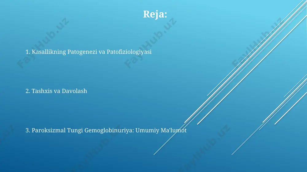 r soni 100 000 kishiga 2-3 ga teng bo'lib, diagnostika va davolash imkoniyatlari cheklangan. pnhning og'ir shakllarida, masalan, tromboz yoki buyrak yetishmovchiligi bilan og'rigan 30 yoshdan oshgan bemorlarda, davolanish natijalarini yaxshilash uchun ekulyzumab kabi dori vositalaridan foydalanish ko'rsatilgan. hayot sifati hayot sifati pnh bilan kasallangan bemorlarda sezilarli darajada pasayadi, 2023-yilgi tadqiqotlar shuni ko'rsatdiki, kasallikning og'irligi 30% gacha bemorlarda hayot sifatining pasayishiga olib keladi, jumladan, charchoq va og'riqlar kabi alomatlar tufayli samarqanddagi klinikalarda kuzatilgan. pnhning davolash usullarining rivojlanishi, masalan, ekulyzumab yordamida, bemorlarning hayot sifatini sezilarli darajada yaxshilashga yordam beradi, aqsh va yevropada o'tkazilgan 20 ta klinik tadqiqotlar shuni ko'rsatdiki, bu davo 50% gacha hayot sifatini yaxshilaydi. pnh bilan og'rigan bemorlarning hayot sifati, qon quyilish xavfi va boshqa asoratlar tufayli, masalan, tromboz kabi, turkiston viloyatida o'tkazilgan bir tadqiqotda o'rtacha 15 yoshga qadar pasayishi kuzatilgan. differensial diagnostika pnhning diferentsial diagnostikasida, 5% dan kam hollarda kuzatiladigan paroksismal gemoglobinuriya (pnh) va shikastlanish natijasida kelib chiqqan …
