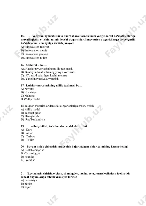1 22 23 24 25 javob izoh: har bir savolning to’g’ri javobi uchun 2 ball qo’yiladi, jami max. ball 50, javoblarni belgilashda buzilgan va bo’yalgan javoblar hisobga olinmaydi. ___________________________________________________ (imzo)____________________ sana ____________
