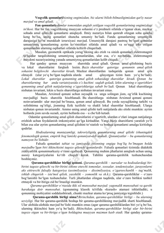 tlarni o‘rganishga, ulardan – uchinchi ob'ektlarga o‘tishga to‘g‘ri keladi va h.k. ayrim ob'ektning tabiatini belgilovchi o‘zaro aloqani bilish jarayoni cheksizdir. paskal ta'biri bilan aytganda, to‘g‘nag‘ich kallagini bilish uchun butun olamni bilish talab etiladi. aloqa uchun asos. aloqa, aloqa uchun asos va aloqa shart-sharoitlari tushunchalarini farqlash lozim. aloqa yuzaga kelishiga imkoniyat yaratuvchi ayrim xossa, belgi yoki munosabat aloqa. tamoyilining mazmuni aynan ob'ektlarning har tomonlama o‘zaro aloqalari va o‘zaro ta'sirlarini hisobga olishdan iborat. shunday qilib, dialektika moddiy dunyoda hukm suruvchi umumiy aloqani aniqlashni talab qiladi. aloqalarning tasnifi va xususiyati aloqalarning asosiy turlari aloqalarnnig xususiyatlari materiyaning asosiy turlariga va uning harakat shakllariga xos bo’lgan aloqalar materiya mavjudligining asosiy shakllariga xos bo‘lgan aloqalar qonun, hodisani belgilaydigan aloqalar qonun, hodisani belgilamaydi-gan aloqalar ijtimoiy moddiy-energetik makonga doir ichki tashqi biologik vaqtga doir muhim ahamiyatsiz kimyoviy strukturaviy zaruriy tasodifiy fizik informatsion genetik barqaror beqaror mexanik sababiy umumiy yakka funksional aloqalar quyidagi jihatlar bilan tavsiflanadi. birinchidan, ular ob'ektiv …