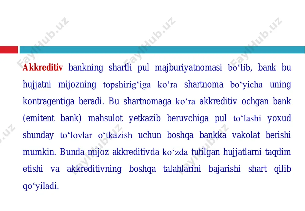 gan pul mablag„lari ularning ishlatilishi bo„yicha (bank ko„chirmalariga asosan), 6010 “mol yetkazib beruvchilar va pudratchilarga to„lanadigan schyotlar”ning debetiga hisobdan chiqariladi. akkreditivdagi ishlatilmagan mablag„lar, bank tomonidan ular qaysi schyotdan o„tkazilgan bo„lsa, shu schyotlarga qayta tiklanganda: d-t 5110 “hisob-kitob schyoti”, 5210 “mamlakat ichidagi valyuta schyotlari”, 5220 “chet eldagi valyuta schyotlari” va boshqa schyotlar k-t 5510 “akkreditivlar” schyoti 5510 “akkreditivlar” schyoti bo„yicha analitik hisob korxona tomonidan qo„yilgan har bir akkreditiv bo„yicha alohida yuritiladi. hisob-kitob cheki - hisobvaraq egasi (chek beruvchi) ning hisobvarag„idan muayyan summani oluvchi (chek ushlovchi)ning hisobvarag„iga o„tkazish to„g„risida bankning maxsus blankida tuzilib, bankka yozma ravishda bergan topshiriqdir. hisob-kitob cheklari, nafaqat xo„jalik yurituvchi sub‟ektlar, shuningdek xo„jalik yurituvchi sub‟ektlar bilan jismoniy shaxslar o„rtasida naqd pulsiz hisob- kitob qilishda qo„llaniladi. bankdagi maxsus schyotlardagi pul mablag‘larini hisobga oluvchi scho‘tlar (5500)ning bog‘lanishi t/r xo„jalik muomalalarining mazmuni schyotlarning bog„lanishi debet kredit 1 akkreditivlarga pul mablag„lari o„tkazildi 5510 5110-5220 2 qondirilgan da‟volar summasining maxsus scho„tga kelib tushishi 5510-5530 …