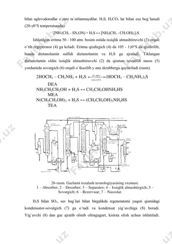 β60°c da havo aralashmasm bilan reaktorlarda fe katalizatorlaridan o`tkaziladi. bunda: 2h2s + o2 = 2n2o + 2s + q reaksiya katta issiqlik chiqishi bilan boradi, natijada chiqayotgan s ni 1/3 qismi sτ gacha oksidlanadi. β60°c da uglevodorod qo`shimchasi to`liq yonmaganligi sababli katalizator yuzasida koks hosil bo`lishi ortadi. bu usulni kamchiligi. shu sababli s-ni olishni 2 bosqichli texnologiyasi qo`llaniladi. asosiy yo`nalish bu – hamma h2s ni s va suvga ajralguncha yoqishdan iborat (rasm). rasm. oltingugurt olish texnologiyasining sxemasi. h2s havo boruvchi qurilma (2) yordamida havo bilan birgalikda reaksion pech (1) ga yuboriladi. bunda u va uglevodorodlar qo`shimchalari to`liq yonadi. pechdan chiqayotgan gaгlar (11β0°s) utilizator-qozon (3) da sovutiladi va yuvuvchi kolonna (4) ga uzatiladi. bu kolonnada sovush va oltingugurtni kondensasiyalanishi sodir bo`ladi. suyuq oltingugurt 140°s da kolonnani (4) yuqori qismiga beriladi. uning past qismiga oqib tushayotgan s zmeevik (ilonsimon) sovutgich (5) sovuq suvda ishlaydi va sovutiladi. kondensasiyalangan s yig`uvchi idish (12) ga …