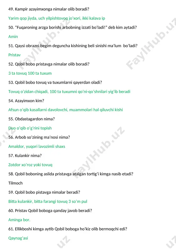 . 1 pud qanchaga teng? taxminan 17 kilogramm 100. qadoq qanchaga teng? taxminan 410 gramm 101. dudmol so’zining ma’nosi? mujmal 102. jaydari so’zining ma’nosi? oddiy, kichkina 103. bo’lis kim? hokim, boshliq 104. juvari go’ja qaday taom? bug’doy yoki makkajo’xoridan tayyorlanadigan ovqat 105. shum bola sariboy bo’lsnikida qanday ishlarni amalga oshirar edi? olmalarga tirgovich qo’yish, to’kilgan olmalarni terish, qoqi qilish 106. ba’zida xo’jayiniga pul zarur bo’lib qolsa, shum bola qaysi qishloqlarga olib borib olmalarni sotib kelar edi? darvoza, sariog’och 107. shum bola yuqoridagi qishloqlarda bir qadoq olmani necha qadoq bug’doyga alishar edi? ikki qadoq 108. shum bola xo’jayinlari ichida eng xudo urgan badbaxti, ziqnasi kim edi? sariboy bo’lis 109. sariboy bo’lisning qanday odati bor edi? bo’lar bo’lmasga “innykeyin” deb so’rayverardi 110. sariboyning “innaykeyin”iga javob berolmagan kishi qanday jazolanar edi? qamchi bilan yelkaga tushirib qolar edi 111. sariboy mevazorlari, ichki-tashqi qo’rg’onchasi, butun dov-dastgohi bilan kimdan yutib olgan edi? yusuf kontordan 112. yusuf …