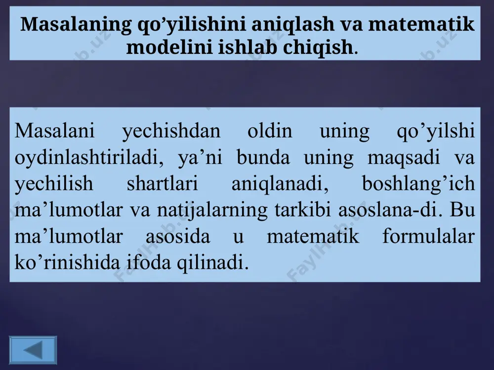 tik jadvallar, loteriya yutuqlari jadvali, funksiyalar qiymatlari jadvallari bunga misol bo’ladi. 4. algoritmning dastur shaklida ifodalanishi, ya’ni algoritm kompyuter ijrochisiga tushunarli bo’lgan dastur shaklida beriladi 5. algoritmlarning grafik shaklda tasvirlanishi. masalan, grafiklar, sxemalar ya’ni blok - sxema bunga misol bo’la oladi. algoritmlarning tasvirlanish usullari ma’lumotlarni qog’ozga chiqarish chiqarish bloki boshlash, tamom, to’xtash algoritmning boshi va oxiri (oval) ma’lumotlarni kiritish va natijalarni chiqarish ma’lumotlarni kiritish va chiqarish parallelogramm) yo’nalish chizig’ini o’zgartirish birlashtirish (aylana) qism dastur bo’yicha hisoblash, standart qism dasturi qism dastur siklning boshlanishi siklik jarayon (oltiburchak) shartlarni tekshirish shartli blok (romb) hisoblash amallari ketma-ketligi hisoblashlar bloki (to’g’ri-to’rtburchak) tushunilishi belgilanishi blokning atalishi algoritmning turlari chiziqli algoritm takrorlanuvchi algoritm tarmoqlanuvchi algoritm chiziqli algoritm. algoritmning turlari bilan tanishtirganda, avvalo hech qanday shart tekshirilmaydigan va tartib bilan faqat ketma-ket bajariladigan jarayonlarni ifodalaydigan chiziqli algoritmlar aytib o’tiladi. chiziqli algoritmlar. chiziqli algoritmlar algoritm-larning eng sodda va oddiy ko’rinishi hisoblanadi. unda bajariladigan amallar ham buyruqlar ham buy-ruqlar …