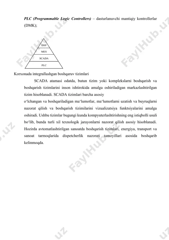 larni qayta ishlash va taqdim etishning aniqligi;  tizimni kengaytirishning soddaligi. scada-tizimlaridan foydalanish tufayli ishlab chiqarish jarayonining samaradorligi sezilarli darajada koʻpayishiga imkon beradi: · texnologik jarayonni yanada aniq nazorat qilish, barqarorlashtirish, mahsulot sifati va brak foizini kamaytirish; · operatorning harakatini kamaytirish, uni jamlash yanada samarali boshqaruv yechimlarini ishlab chiqishga qaratilgan jarayon; · operatorlar tomonidan sodir etilishi mumkin boʻlgan xatolar sonini kamaytirish; · favqulodda holatlarda favqulodda vaziyatlarni avtomatik aniqlash va ogohlantirish; · xodimlarga zarur maʻlumotlarni turli xil hisobot shaklida taqdim etish;  tayyor mahsulot sifatiga taʻsir etuvchi omillarni tahlil qilish. barcha zamonaviy scada tizimlari uch asosiy tarkibiy qismlarni oʻz ichiga oladi: remote terminal unit (rtu) toʻgʻridan-toʻgʻri kuzatilgan obʻektga va boshqaruvga real vaqtda ulanadigan uzoq terminaldir. ular sensorlarni, aktuatorlarni, uso ni, qattiq real vaqtda rejimda axborotni va nazoratni boshqaradigan mikrokontrolderlarni oʻz ichiga olishi mumkin. master terminal unit (mtu), master station (ms) – axborot uzatish va yuqori darajali boshqaruvni taʻminlovchi va inson operatori …