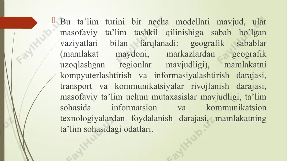 rni kiritishimiz mumkin: elektron xolatdagi ta’lim va muloqot jarayonlarga ishonchsizlik. ushbu sababdan talabalar asosan virtual xolatdagi ta’lim turida emas, balki oddiy (kunduzgi va sirtki) ta’lim turlarida o’qish istagida bo’lishadi. davlat masofaviy ta’lim standartlari yo’qligi va natijada davlat nusxasidagi diplom berilmasligi. shu sababdan ko’pgina masofaviy ta’lim kurslari bitiruvchilariga faqat ushbu kursni bitirganligi haqida sertifikat yoki guvohnomalar berishadi. virtual muhit va texnika ta’minot bilan bog’liqligi. masofaviy ta’lim internet borligi, undan foydalanish narxi, tezligi va servislar mavjudligiga, maxsus kommunikatsion texnikalar mavjudligi va ular ishlashiga taalluqli. /docprops/thumbnail.jpeg
