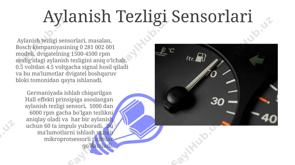 n avtomobillar uchun. turboşarjli dizel dvigatellarda, 3000 rpm dan yuqori aylanish tezligida, havo oqimining tezligi 50 m/s ga yetadi, bu esa issiqlik darajasini oshirib, dvigatelning ishlash muddatini qisqartirish xavfini keltirib chiqarishi mumkin, xususan andijon sharoitida. aylanish tezligi va iqtisodiy ko'rsatkichlar qashqadaryo viloyatida joylashgan zavodda ishlab chiqarilgan dizel dvigatellarning optimal iqtisodiy aylanish tezligi 1800 rpm atrofida bo'lib, bu holatda emissiya darajasi minimal darajada saqlanadi. toshkent shahridagi avtobuslarda o'tkazilgan sinovlar shuni ko'rsatdiki, 2200 rpm dan yuqori aylanish tezligida dvigatelning ishlash muddati 10% ga qisqaradi. aylanish tezligining xarakteristikalari toshkentdagi avtomobil ta'mirlash zavodida o'tkazilgan sinovlar shuni ko'rsatdiki, 800-1200 rpm oralig'ida ishlayotgan dastgoh dvigatelining harorati 90°c dan oshmadi. aylanish tezligining xarakteristikalarini o'rganishda, masalan, 1500 rpm da ishlayotgan man dvigatelining momentining o'zgarishi samarqanddagi sinov maydonchasida aniqlandi. e'tiboringiz uchun rahmat @taqdimot_robot image4.jpg image5.jpg image6.jpg image7.jpg image8.jpg image9.jpg image10.jpg image11.jpg image12.jpg image13.jpg image1.jpeg image2.jpeg image3.jpeg