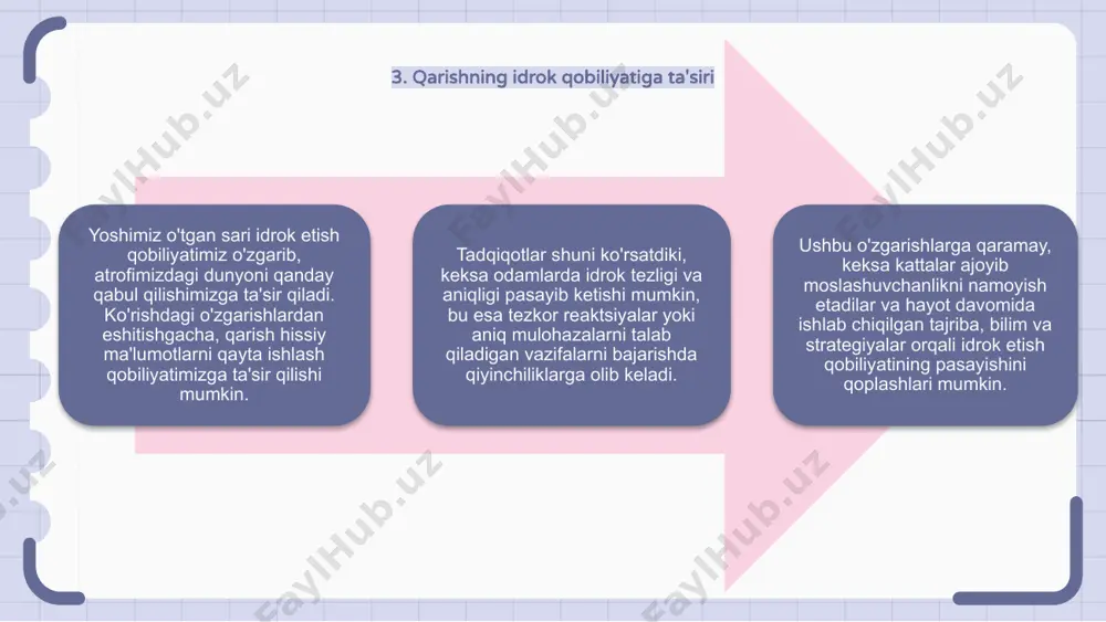 bu odamlarning dunyoga qarashiga ta'sir qiladi. ushbu farqlarni tushunish turli nuqtai nazarlarni chuqurroq tushunishga olib kelishi mumkin. yoshga va idrokga madaniy ta'sir kognitiv rivojlanish va ijtimoiy normalarni shakllantiradi. ushbu nuanslarni o'rganish madaniyatlararo muloqotni kuchaytirishi va empatiya va tushunishni rivojlantirishi mumkin. yosh va idrok bo'yicha madaniyatlararo qarashlarni o'rganish orqali biz insoniyat tajribasining murakkabliklari haqida tushunchaga ega bo'lishimiz va qarish va donolik haqidagi oldindan o'ylangan tushunchalarimizga qarshi chiqishimiz mumkin. 14. umr davomida idrok qilish qobiliyatidagi gender farqlari idrok yoshi o'tgan sari rivojlanadi, bu jarayonda jinsning roli o'ynaydi. tadqiqotlar shuni ko'rsatadiki, hayot davomida erkaklar va ayollar o'rtasidagi idrok etish qobiliyatidagi farqlar mavjud. erta bolalikdan qarilikgacha erkaklar va ayollar idrok vazifalarida har xil kuchlarni namoyon etadilar. bu farqlarga biologik omillar, ijtimoiy me'yorlar va shaxsiy tajribalar ta'sir qilishi mumkin. pertseptiv qobiliyatlardagi gender nomutanosibligini tushunish, yoshi ulg'aygan shaxslarning noyob ehtiyojlarini qondirish uchun aralashuvlar va qo'llab-quvvatlash tizimlarini moslashtirishga yordam beradi. ushbu omillarni hisobga olsak, biz umumiy farovonlik …