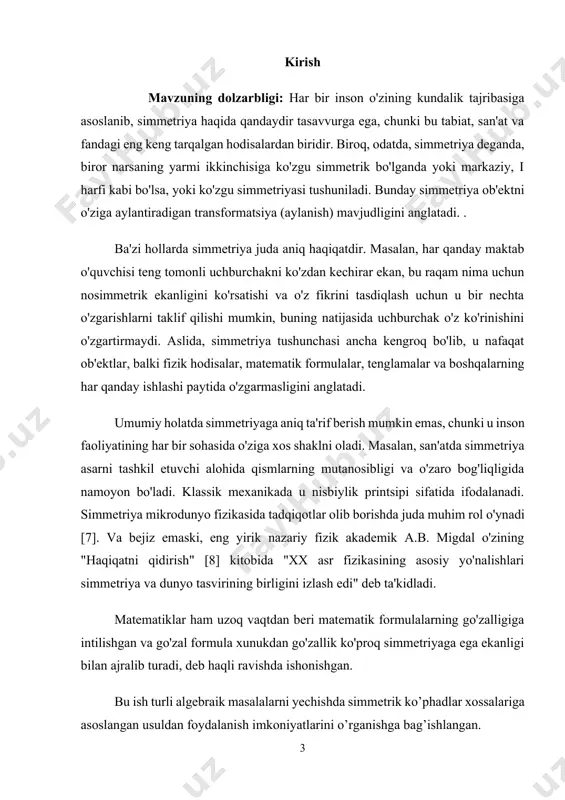 i. aslida, simmetriya tushunchasi ancha kengroq bo'lib, u nafaqat ob'ektlar, balki fizik hodisalar, matematik formulalar, tenglamalar va boshqalarning har qanday ishlashi paytida o'zgarmasligini anglatadi. umumiy holatda simmetriyaga aniq ta'rif berish mumkin emas, chunki u inson faoliyatining har bir sohasida o'ziga xos shaklni oladi. masalan, san'atda simmetriya asarni tashkil etuvchi alohida qismlarning mutanosibligi va o'zaro bog'liqligida namoyon bo'ladi. klassik mexanikada u nisbiylik printsipi sifatida ifodalanadi. simmetriya mikrodunyo fizikasida tadqiqotlar olib borishda juda muhim rol o'ynadi [7]. va bejiz emaski, eng yirik nazariy fizik akademik a.b. migdal o'zining "haqiqatni qidirish" [8] kitobida "xx asr fizikasining asosiy yo'nalishlari simmetriya va dunyo tasvirining birligini izlash edi" deb ta'kidladi. matematiklar ham uzoq vaqtdan beri matematik formulalarning go'zalligiga intilishgan va go'zal formula xunukdan go'zallik ko'proq simmetriyaga ega ekanligi bilan ajralib turadi, deb haqli ravishda ishonishgan. bu ish turli algebraik masalalarni yechishda simmetrik ko’phadlar xossalariga asoslangan usuldan foydalanish imkoniyatlarini o’rganishga bag’ishlangan. afsuski, algebraning simmetrik polinomlar nazariyasi kabi …