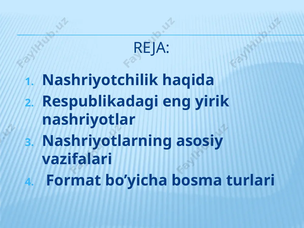 o’lish, shuningdek, bu korxonalarni ish uchun zarur bo’lgan ashyolar – qog’oz, karton va matolar bilan ta'minlash. bozor iqtisodiyoti qonunlari shakllanishi munosabati bilan bu vazifalar doimo o’zgarib turadi. respublikamizda juda ko’p nashriyotlar faoliyat olib borayotgan bo’lib, ular o’z vazifasiga ko’ra: markaziy va mahalliy, davlat, idora va boshqa jamoat tashkilotlarining nashriyotlariga bo'linadi. chop etiladigan mahsulotining turiga qarab gazeta, jurnal, tasviriy va nota nashrlariga bo’linadi. biroq nashriyotlar ko’pincha aralash va turli-tuman mahsulotlar chop etadi. matbaa korxonalari nashriyotlar belgilagan miqdordagi bosma mahsulotlarni bevosita chop etish uchun xizmat qiladi. eng yirik korxonalar jumlasiga ,,sharq" nashriyot-matbaa aksionerlik kompaniyasi, ,,0'zbekiston" nashriyot-matbaa ijodiy uyi, “o’qituvchi" nashriyot-matbaa ijodiy uyi, g’ofur g’ulom nomli nashriyot-matbaa ijodiy uyi, ,,polispektr" mas'uliyati cheklangan jamiyat, ,,davlat belgisi" davlat aksiyadorlik birlashmasi, viloyat bosmaxonalari va hokazolar kiradi. bu korxonalarning hammasi deyarli barcha jarayonlami bajarish uchun katta 4 tezlikda ishlaydigan jihozlar bilan ta'minlangan. tekis bosish usuli. asosiy usullaridan biri bo‘lib, unda bosma qolipda bosiluvchi va oraliq elementlar bir …