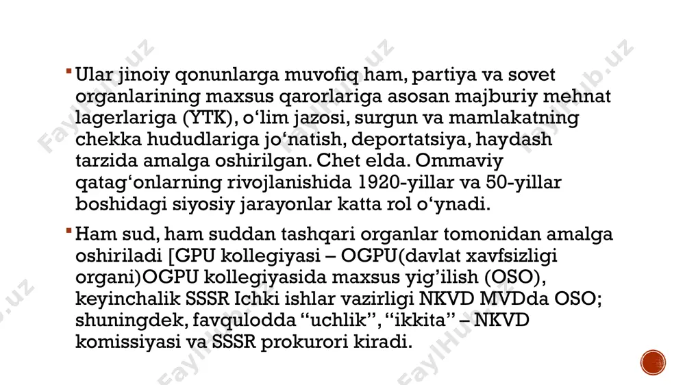 ʻquvchilari uchun ruxsatsiz chiqib ketish va mehnat koloniyalarida (ulugʻ vatan urushi yillarida) qamoqqa olish uchun jinoiy javobgarlik belgilandi. ulug ‘vatan urushi yillarida milliy asosda 2 millionga yaqin odam, shu jumladan 949 mingdan ortiq nemislar deportatsiya qilindi [sssr xalq komissarlari kengashi va bolsheviklar butunittifoq kommunistik partiyasi markaziy qo’mitasining “ko’chirish to’g’risida”gi qarori. volga bo’yi, saratov va stalingrad viloyatlari nemislari respublikasi nemislarining 1941 yil 26 avgustdagi ]; 362 mingdan ortiq chechenlar va 134 mingdan ortiq ingushlar (sssr oliy kengashi prezidiumining 1944 yil 7 martdagi “chechen-ingush avtonom sovet sotsialistik respublikasini tugatish va uning hududining ma’muriy tuzilishi to’g’risida”gi farmoni); 228 mingdan ortiq qrim tatarlari (“qrim tatarlari to’g’risida”gi gkoning 1944 yil 11 maydagi 5859ss-son qarori; sssr ichki ishlar xalq komissarining buyrugʻi tasdiqlandi. siyosiy repressiya qurbonlarni reabilitatsiya qilish. shaxslarning ishlarini bosqichma-bosqich ko’rib chiqishqatag’onga uchragan, i.v.stalin vafotidan keyin kpss siyosatidagi o’zgarishlar munosabati bilan, ayniqsa n.s.xrushchevning “shaxsga sig’inish va uning oqibatlari to’g’risida”gi ma’ruzasidan keyin boshlandi. 1954 yilda qamoqxonalar va …