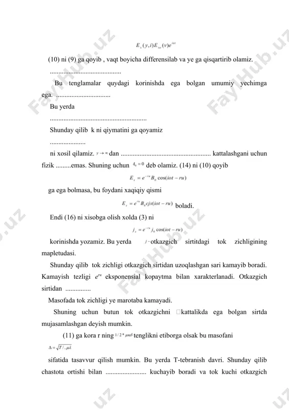 an xoldagi qarshilikdan katta boladi. chastota ortganda tok oquvchi silndrning sirt katlamining .... ..... yani karshiligi ortadi. shuning uchun katta chastotalar bilan ish korilganda tok otkazgichning juda yupqa sirti katlami boylab oqadi. bu esa oz navbatida silindrsimon otkazgichning yupqa qalinlikka ega bolgan otkazuvchanligi katta bolgan qimmatboxo metaldan yasalib, uning ozagini tok ozidan yomon otkazadigan arzon metalldan yasash mumkinligini korsatadi. bunda faqat ozak otkazgichni mustaxkamligini orttirish uchun zarur boladi. bunday otkazgichlardan foydalanish xam iqtisodiy va texnikaviy afzalliklarga ega. shuningdek sekineffekt tufayli uzinduksiya koeffitsenti l xam kamayadi. chunki formulaga kora energiyani kamayishi l ni kamayishi xisobiga roy beradi. buning qiymati tokni qanday slindr orqali otishiga bogliq. govak slindrdan okanda xam, tola slindr orqali okkanda kop. yani chastota ortsa skin-samara kuchayadi, bu oz navbatida l ni kamayishiga olib keladi. o’zgaruvchan elektromagnit maydonlar va ularning tenglamalari kvazistatsionlar elektromagnit maydonlarini organishda elektr va magnit maydonlari orasidagi boglanish bir tomonlama xisobga olinadi. elektr va magnit maydonlari …