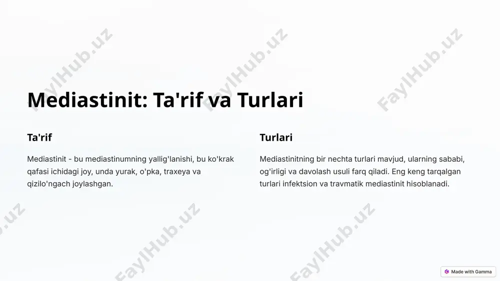 arish og'riqni boshqarish uchun dori-darmonlar va boshqa usullar qo'llaniladi. 2 fizioterapiya fizioterapiya tiklanishni tezlashtirish va harakatlanish doirasini qaytarish uchun muhimdir. 3 to'liq tiklanish bemorlarning aksariyati to'liq tiklanish uchun 6-8 hafta kerak bo'ladi. 7 xulosa va keyingi qadamlar zamonaviy mediastinitlar jarrohligi bemorlar uchun xavfsizlik va tiklanishni tezlashtirishni ta'minlaydi. minimal invaziv jarrohlik, laparoskopiya va robotika kabi usullar qo'llanilib, bemorlarning hayot sifatini yaxshilaydi. kelajakda ushbu sohada yangi texnologiyalar va davolash usullari paydo bo'ladi deb kutish mumkin. 8 image1.png image2.png image3.png image4.png image5.png image6.png image7.png image8.png image9.png image10.png image11.png image12.png image13.png image14.png