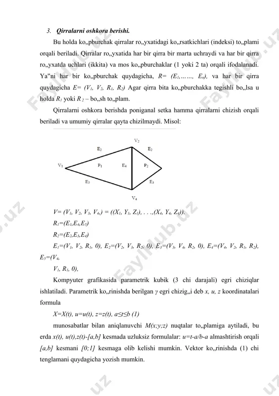 „i r1,r2,r1,r2,r4 nuqtalar yoki rb=(r1,r2,r1,r2), orqali beriladi. re ermit geometrik matritsalari va rb beze geometrik matrisalari o„zaro quydagi munosabatlar bilan bog„liq ermit matritsasini me m matritsasini ko„paytirib beze matritsasini olamiz: r1,r2,r1,r2 nuqtalari bilan beriluvchi beze egri chizig„i vektor parametrik tenglamasi: r(t)=(1-t)3–p1+3t(t-1)2 p2+3t2 (1-t) pa+t3p4 yoki matritsa ko„rinishda: r(t)=t∙mb∙rb, 0≤t≤1 r0, ri,... rm nuqtalar bilan aniqlanuvchi beze egri chizig„i: 1) s – uzluksiz bo„lishi uchun uning har bir uchta r3i-1, r3i+1 – nuqtalari bitta to„g„ri chiziqda yotishi kerak. 2) s – uzluksiz va berk bo„lishi uchun birinchi va oxirigi nuqtasi ustma ust tushib va rm-1, rm=r0, r1 – nuqtalari bitta to„g„ri chiziqda yotishi kerak. umumiy holda beze egri chizig„ini quyidagi ko„rinishda yozish mumkin. ri, i=0 egri chiziqni aniklovchi nuqtalar. cmi ti (1-t)m-i funksional koeffsenlar, ya‟ni universalo bershteen ko„p hollari ular har doim manfiy emas va ularning yig„indisi doim 1 ga teng. b-splayn egri chizig’i. p1,p2,p3 va p4 nuqtalari bilan aniqlanuvchi b-splayn …
