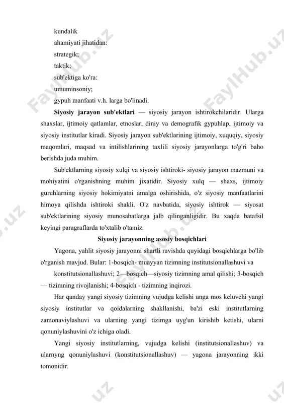 oiy gypuhlap va alohida fuqarolar hayotiga maqsadli ta'sir etish qay darajada amalga oshayotganligini, jamiyatda vujudga keluvchi ixtiloflar va ziddiyatlar qay tarzda tartibga solinishi mumkinligini aniqlash imkonini beradi. funkpional taxlil siyosiy tizim o'z — o'zini qanchalik boshqara olishining real imkoniyatlari va uning moslashish potentsialini aniqlab olish imkonini beradi. har qanday siyosiy tizim siyosat sub'ekti bo'la oluvchi barcha ijtimoiy guruhlar manfaatlarini ifodalashga harakat qiladi. ammo uning darajasi turli jamiyatlarda turlicha bo'ladi. siyosiy tizim amal qilishi universallashuv, demokratlahuv bilan bog'lik jarayon. negaki, demokratiyaning o'zi— maksimal ko'p manfaatlarning tanlanishi, artikulyatsiyasi va qondirilishini anglatadi. siyosiy tizimning amal qilishi ikki narsani o'z ichiga oladi: tizimning barqarorligini ta'minlash va zarur o'zgarishlarga yo'l qo'yish. siyosiy tizimlarni amal qilishi jarayonida yagona ijtimoiy sifat doirasida siyosiy munosabatlar va institutlar, siyosiy qoidalar va qadriyatlar, siyosiy munosabatlar sub'ekti qayta yaratiladi. bu jarayonning hamma uchun yagona vosita va usullari mavjud emas. masalan, demokratik jamiyatlarda bu vazifani saylovlar bajaradi. yana bir vositaga— mavjud qonunchilikni …