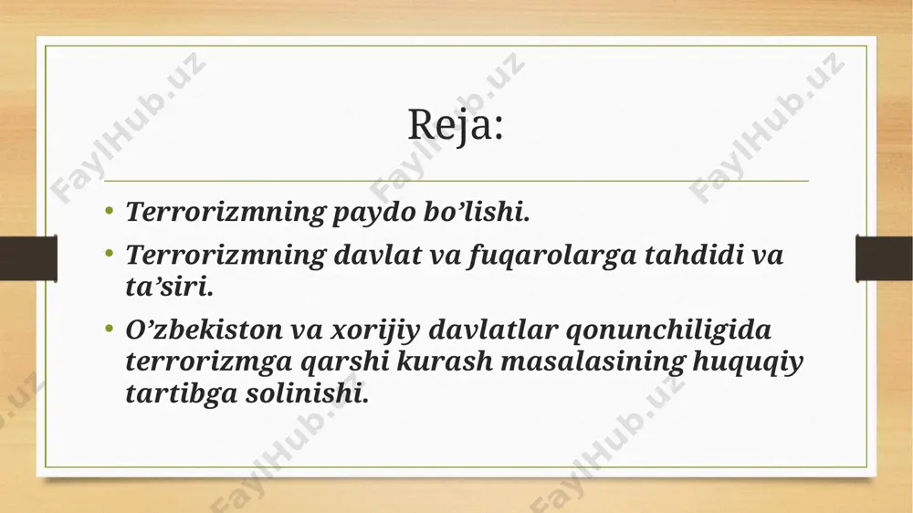 bilan kurashish, shuningdek, burju demokratiyasi qaror topish davrining tarixiy, ijtimoiy-siyosiy hodisasi sifatida o’rganish kerak. xx asrning 60-yillaridan boshlab, terrorizmning eng daxshatli turi avj oldi. bu diniy ekstremizmdir. bu dinni niqob qilib olib, o’zlaricha islom davlatini tuzamiz deb, odamlarga ta’sir o’tkazish turli qo’poruvchilik haraktlarini olib borishdir. diniy ekstremizm nima, u qanday paydo bo’ldi degan savol tug’iladi. bu savollarga o’zbekiston respublikasi prezidenti islom abdug’anievich karimov xulosalaridan javob topamiz: “jamiyat hayotining bir qismi bo’lgan din, ijtimoiy hayotning boshqa sohalari bilan muqarrar ravishda munosabatda bo’lgan. ularga ta’sir ko’rsatgan va o’zi ham boshqa sohalarning ta’siriga duch kelgan. hozir mavjud bo’lib turgan diniy tartiblarning ko’pchiligi ijtimoiy-iqtisodiy, siyosiy burilishlar, tangliklar davrida shakllanganligi bejiz emas. shu tariqa din insoniyat tarixining turli davrlarida siyosat bilan ozmi ko’pmi ochiq oydin munosabatg kirishgan. ko’pincha undan siyosiy va ba’zan bir taraflama, tor maqsadlarda foydalanib kelingan. terrorizmning davlat va fuqarolarga tahdidi va ta’siri. terrorizmning daxshatli ta’sirlarini ko’plab misollarda ko’rishimiz mumkin. xususan 2001-yilning 11-sentabrida …