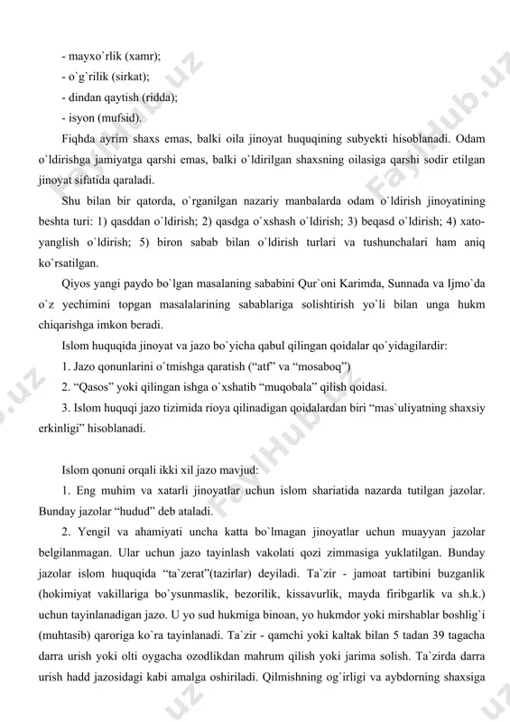 amchi yoki kaltak bilan 5 tadan 39 tagacha darra urish yoki olti oygacha ozodlikdan mahrum qilish yoki jarima solish. ta`zirda darra urish hadd jazosidagi kabi amalga oshiriladi. qilmishning og`irligi va aybdorning shaxsiga qarab, ta`zir chorasi sifatida jamoatchilik izzasi, qozi yoki hukmdorning ogohlantirishi, tartibga chaqiruvchi suhbat va boshqa ta`sir choralari qo`llanilishi mumkin. ta`zir muqarrar tarzda aybdorning tavba qilishi, uzr so`rashini nazarda tutadi, og`irroq hollarda esa, u qilgan gunohi uchun evaz to`lashi (kafforat) lozim. jinoiy qilmishlar ham, boshqa taqiqlangan, qoralanadigan va nomaqbul amallar ham islom huquqida «alloh chegaralari»ni buzish deb baholanadi. «ey, payg`ambar, qachonki, sizlar (mo`minlar) xotinlaringizni taloq qilsangizlar, ularning iddalarida (poklik paytlarida) taloq qilinglar va iddani sananglar! rabbingiz - allohdan qo`rqinglar! (idda tugaguncha) ularni (yashab turgan) uylaridan (haydab) chiqarmangizlar va ular ham o`zlaricha chiqib ketmasinlar. faqat ular ochiq fahsh (buzuqlik yoki idda o`tmay chiqib ketish kabi) ishni qilsalargina (uylaridan chiqarilurlar). bu allohning chegaralaridir. kimki, alloh chegaralaridan tajovuz qilib o`tsa, demak, u …