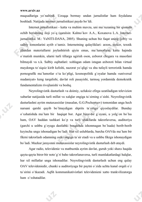 bo`lsada) borib-borib keyincha unga ishonadigan bo`ladi. har xil uslublarda, barcha oavda ma`lum bir fikrni takrorlash odamning ostki ongiga ta`sir etadi va u ushbu fikrga ishonaydigan bo`ladi. mazkur jarayonni mutaxassislar neyrolingvistik dasturlash deb ataydi. agar radio, televidenie va matbuotda ayrim davlat, guruh yoki shaxs haqida qayta-qayta biror-bir noto`g`ri baho takrorlanaversa, turli mamlakatlardagi halqlar, har xil millatlar unga ishonadilar. neyrolingvistik dasturlash uchun eng qulay oav televideniedir, chunki u auditoriyaga bir paytni o`zida uchta kanal orqali o`z ta`sirini o`tkazadi. aqsh kommunikativistlari televidenieni xatto trankvilizatorga ham o`xshatadilar. «madaniy bosqich» va «inson huquq»lari ekspansiyasi tushunchasining mohiyati va uning paydo bo`lish shakllari. «madaniy bosqich» va «inson huquq»lari g`oyalari g`arbda paydo bo`lib, g`arb mamlakatlari tomonidan butun dunyo buyicha tarqatilmoqda. bu esa juda murakkab va, eng muhimi, samarasiz jarayon. katta muhokamalarga sababchi bo`lgan samyuel’ xantingtonning «madaniyatlar to`qnashuvi» deb nomlangan maqolasini o`qimagan siyosatshunos bo`lmasa kerak. afsuski, o`zbek tiliga tarjima qilinganda, maqolaning eng muhim parchasi tushib qolgan. ushbu bo`shlikni to`ldirishga …