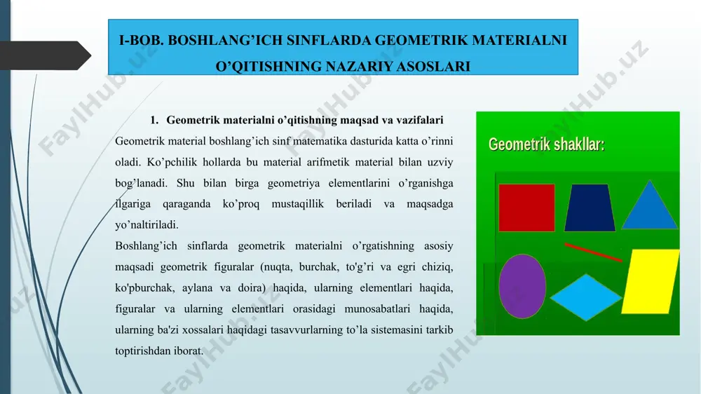 g'ri va to'g'ri bo'lmagan burchaklar, ko'p burchakli shakllar (burchaklar soniga ko'ra uchburchak, to'rtburchak, beshburchak) bilan tanishadilar. mashg'ulotni shunday tartibda olib borish kerakki, unda bolalar kvadratni to'g'ri to'rtburchak, to'rtburchak yoki ko'pburchakli shakl deb atay olsinlar. geometrik materialni o'rganishda chizma va o'lchov asboblarini qo'llash, oddiy chizmalarni chizish, geometrik shakllar tasvirini yasash bilan bog'liq bo'lgan muntazam amaliy ishlar bolalarda tegishli ko'nikmalar hosil qilishga xizmat qiladi. bunday holatlarda bajarilayotgan ishlarni so'zlar bilan tariflay olish, dasturda ko'zda tutilgan simvolika(belgi, ramz) va atamalarni qo'llay olish muhim ahamiyatga egadir 2-sinf o'quvchilari chizg'ich yordamida kesmalarni 1 sm.gacha aniqiik biian o'ichash ko'nikmasiga ega bo'lishlari kerak. bunday sharoitda zaruriy amaliy ishlarni bajarilishi aniqligini muntazam kuzatib borish zarur bo'ladi. chizish asboblari va qalamlardan foydalanishda bolalar oldiga yozish va hisoblash ko'nikmalarini shakllantirish kabi jiddiy talablar qo'yish kerak. chizish va o'ichashga oid ko'nikmalarni shakllantirish ishlarini asta - sekin va izchillik bilan, buning uchun nafaqat matematika, boshqa fanlardan, jumladan, mehnat darsi, tasviriy san'at, tabiatshunoslik …