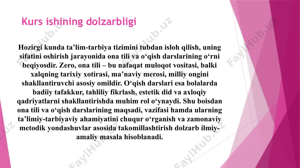 lim tizimida faoliyat olib borayotgan o‘qituvchilar uchun foydali bo‘lishi mumkin. darslarda interfaol usullar va tarbiyaviy komponentlarning uyg‘unligini ta’minlash orqali o‘qituvchilar dars samaradorligini oshirishga erishadilar. shuningdek, pedagogika yo‘nalishida tahsil olayotgan talabalarga metodik ko‘rsatma sifatida xizmat qilishi mumkin. kurs ishining nazariy ahamiyati kurs ishi doirasida olib borilgan nazariy tahlillar boshlang‘ich ta’lim metodikasi fanining boyishiga xizmat qiladi. ona tili va o‘qish darslarining ta’limiy-tarbiyaviy imkoniyatlarini yoritish orqali bu fanlarning mazmunini chuqur anglash, ularning metodik asoslarini yanada boyitish imkonini beradi. shuningdek, kelajakdagi ilmiy tadqiqotlar uchun nazariy asos bo‘lib xizmat qiladi. kurs ishi kirish, asosiy 2 bob rejalar va xulosa qismidan iborat. 1.1. ona tili va o‘qish darslarining ta’limiy maqsad va vazifalari o’qish inson hayotida muhim ahamiyatga ega. o’qish orqali inson borliq, jamiyat haqida bilimga ega bo’ladi, o’qishni bilmagan odamning ko’zi ojiz kishidan farqi yo’q. boshlang’ich sinfda o’qish faoliyati barcha fan darslarida amalga oshiriladi. lekin o’qishga o’rgatishning yo’l-yo’riqlarini o’qish metodikasi ishlab chiqadi. o’qish metodikasining kichik yoshdagi …