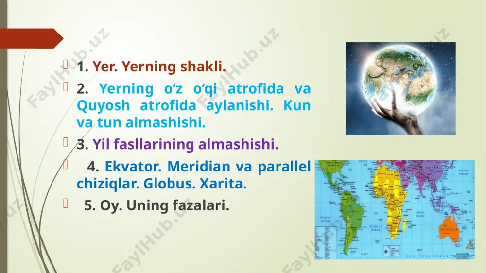 an avvalgi 384-322 yy o‘rta osiyoda abu rayhon beruniy 973-1048 sharsimon jism quyoshdan o‘rta hisobda 149,6 mln.km. uzoqda yaxlitlanganda 6 000 000 000 000 000 000 000 tonna 5,975xl021 tonna quyosh sistemasidagi organik hayot mavjud bo‘lgan yagona sayyora yer sharining ko‘lami haqidagi dastlabki ma’lumotlarni qadimgi yunon, arab va o‘rta osiyolik olimlarning asarlarida uchratish mumkin. miloddan oldingi ii asrda yashagan yunon olimi erotosfen hisobiga ko‘ra, yer aylanasining uzunligi 39 000 km.ga teng. yerning o‘z o‘qi atrofida aylanishi g‘arbdan sharqqa tomon 23 soat 56 daqiqa 4 sekundda bir marta sutka kishilar yer sharida yashasalar ham uning aylanishini sezmaydilar. buning sababi shundaki, yerdagi hamma narsa - havo ham, kishi ham, yer bilan birga bir xil tezlikda aylanadi. lekin bizga go‘yoki osmon jismlari aylanayotgandek tuyuladi. aslida esa osmon jismlari emas, balki yer harakat qiladi. natijada kecha va kunduz almashinib turadi, ya’ni yerning quyoshga qaragan tomonida kunduzi, teskari qismida esa kechasi bo‘ladi. yerning quyosh atrofida …