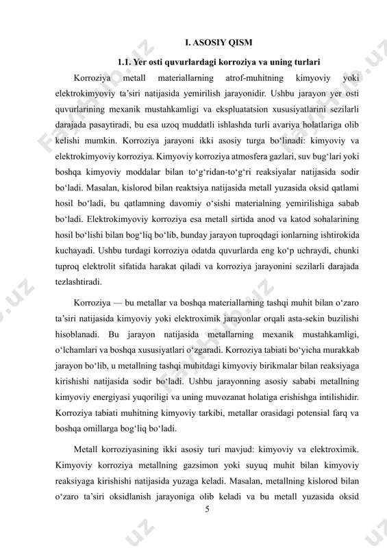 rivojlanishiga ta’sir qiluvchi omillar keng qamrovli bo‘lib, ularga tuproqning fizik-kimyoviy xususiyatlari, atrof-muhit sharoitlari va metallning tarkibi kiradi. tuproqning namligi, ionlarning kontsentratsiyasi va ph darajasi quvurlar yuzasidagi kimyoviy reaksiyalarning intensivligini belgilovchi asosiy omillardir. shuningdek, atmosfera harorati va namligi ham korroziya jarayoniga bevosita ta’sir qiladi. metallning o‘zi esa struktura va tarkibdagi homogenlik darajasi bilan korroziyaga chidamliligini belgilaydi. ushbu muammolarni bartaraf etish uchun zamonaviy korroziyaga qarshi himoya vositalaridan foydalanish zarur. himoya qoplamalari, katodik himoya tizimlari va maxsus izolyatsiya materiallari korroziya jarayonini sekinlashtirish yoki butunlay oldini olishda samarali hisoblanadi. korroziyani o‘rganish va boshqarish texnologiyalarni ekspluatatsiya qilish muddatini uzaytirish bilan bir qatorda iqtisodiy samaradorlikni ham ta’minlaydi. shu sababli, korroziya masalalarini chuqur tadqiq qilish va samarali yechimlarni qo‘llash yer osti quvurlarining ishonchli ishlashida muhim ahamiyat kasb etadi. atmosfеra muhitida mеtallar korroziyasini tеzlashtiruvchi omillardan biri atmosfеra namligi hisoblanadi. quruq atmosfеra (nisbiy namlik 60% gacha)da mеtall sirti oksidlanishi ro`y bеradi va sirtda korroziya jarayonlarini sеkinlashtiruvchi oksid himoya qoplamalari …