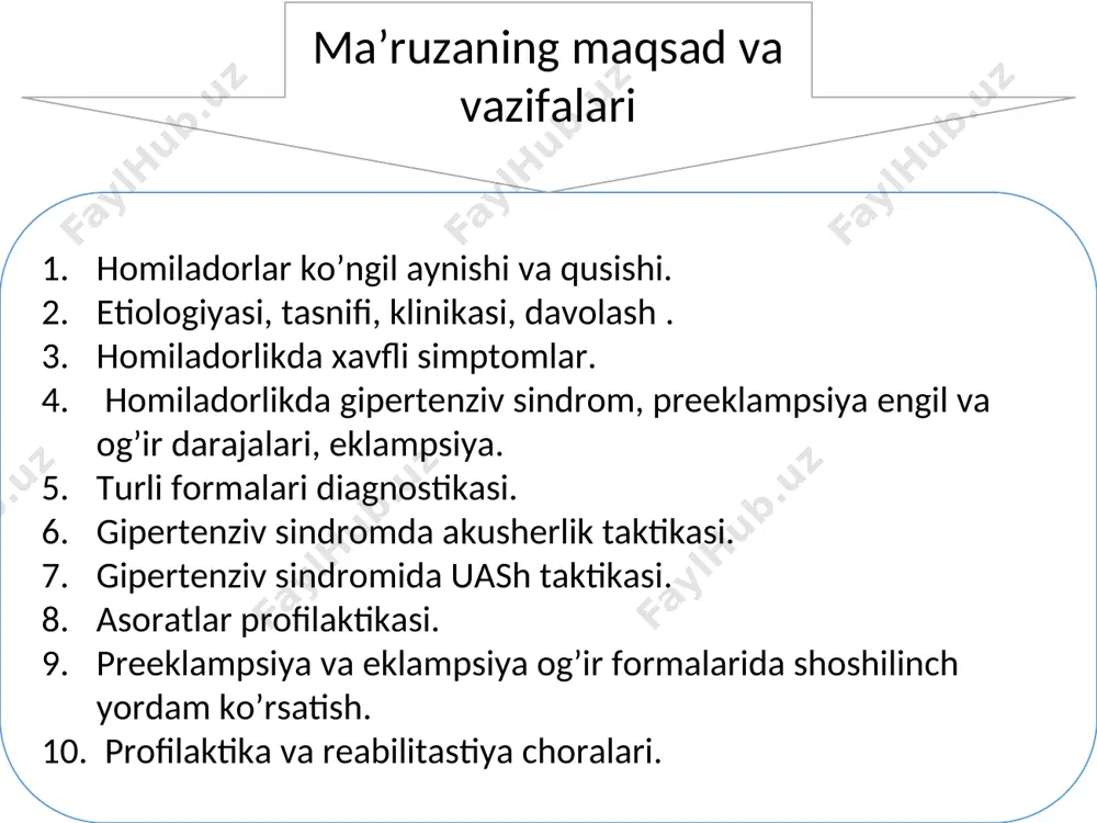 mida har kuni aqbni 4 marta o’lchash; tug’ruqdan 2 sutkadan so’ng qonda mochevina, kreatinin, bilirubin, alt, ast va trombostitlar sonini tekshirish; agar ayol homiladorlik vaqtida metildopa qabul qilgan bo’lsa, tug’ruqdan 2 sutkadan so’ng boshqa dori vositasiga o’tkazish; ayolning ahvoli turg’un holatda va antigipertenziv vositalar qabul qilishi yoki qilmasligi bilan shifokor nazoratiga uyga javob beriladi va keyingi ko'zatuv tavsiya etiladi. og’ir preeklampsiya 2 soat oraliq bilan 2 marta o’lchaganda sqb ≥ 160 mm sim. ust.; yoki - dqb≥110 mm sim.ust.; - sutkalik proteinuriya ≥ 0,3 g/sutkada; havf soluvchi belgilar: shoshilinch birlamchi baholash: homila o’sishi va holatini ko'zatish ; qabul bo’limida: ambulatoriyada uash taktikasi antigipertenziv terapiyaga ko'rsatma: homiladorlik muddati 34 haftadan kichik bo’lsa: homiladorlik muddati 34 -36 hafta bo’lsa: shoshilinch birlamchi baholash: umumiy ko’rik; hushi; pulsi; aqb; nafas soni; diurez; tana xarorati; pay reflekslari; umumiy qon tahlili trombostitlar soni bilan; koagulogramma; qon guruhi va rezus omil; umumiy peshob tahlilida proteinuriyani baholash; mochevina, …