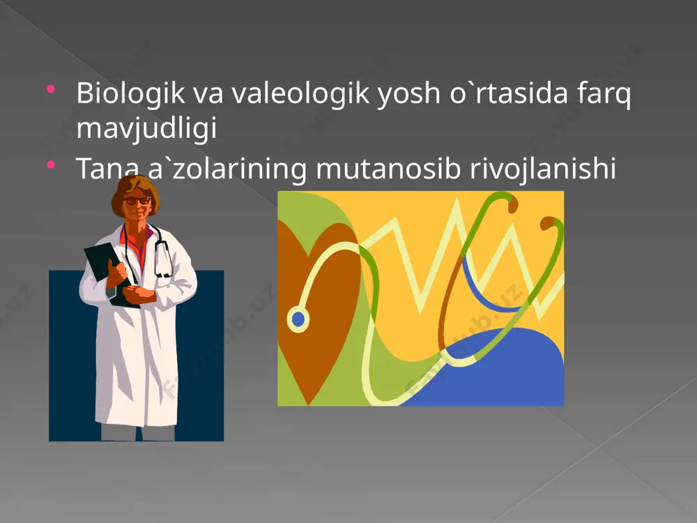 lish turli xildagi jarohatlanish va baxtsiz hodisalarning oldini olish layoqatiga ega bo`lish 10 jins sifatida to`g`ri tarbiyalash, shaxsiy gigiyena qoidalaridan xabardor bo`lish hayotning umumiy falsafasi – turmush muammolariga qarshi kurasha olish ,milliy istiqlol g`oyasi va mafkura tamoyillariga zid bo`lgan aqidalarga qarshi immunitetni hosil qilish yo`lida nazariy va amaliy faoliyatni tashkil etish va hokazolardan iborat. valeologiya va jismoniy faollik valeologiya asoslari fanining maqsadi: talabalarning jismoniy psixik salomatligini saqlash ,ularda sog`lom turmush tarzini ko`nikmalarini hosil qilish, yoshlarni organiznmining reproduktiv funksiyalari bilan tanishtirish, bundan tashqari shaxs va millat salomatligini saqlash va mustahkamlash image2.wmf image3.wmf image4.gif image5.jpeg image6.wmf image7.wmf image8.wmf image9.jpeg
