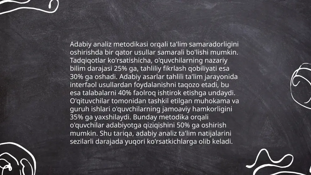 ari ta'lim jarayonida samarali foydalanishni ta'minlaydi. o'qituvchilarning 85 foizi multimediya o'quv jarayonini yaxshilaydi deb hisoblaydi. o'quvchilarning multimedia orqali axborot eslab qolish darajasi 60 foizga oshadi. bundan tashqari, 70 foiz o'quvchi video va grafikalar yordamida o'rganishni afzal ko'radi. elektron darsliklar va interaktiv taqdimotlardan foydalanish ta'lim muddatini 30 foizgacha qisqartiradi. 1000 dan ortiq maktablar multimediya resurslarini muntazam ishlatadi. shu bilan birga, multimediya vositalaridan foydalanish o'qitish jarayonini 50 foizga dinamizm qiladi va o'quvchilarning qiziqishini 40 foizga oshiradi. ... t.me/slaydai_bot mahalliy adabiyot milliy o'zlikni anglash va saqlashda muhim rol o'ynaydi. o'zbekiston ta'lim tizimida u darsliklar orqali o'quvchilarga yetkaziladi. 12-sinf adabiyot darsliklari sharof boshbekov, said ahmad va pirimqul qodirov kabi yozuvchilarning asarlarini o'z ichiga oladi. ushbu darsliklarda o'zbek yozuvchisi va shoirlarining hayoti hamda ijodi yoritilib, ularning asarlari tahlil qilinadi. o'quvchilarga adabiyotni chuqur o'rganish va milliy boyliklarni qadrlash imkoniyati beriladi. bu jarayon yosh avlodni ma'naviy jihatdan boyitishga xizmat qiladi. mahalliy adabiyot o'quvchilarning yozma va og'zaki nutq …