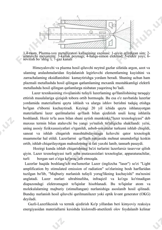 r to'la asos bilan shuni aytish mumkinki,"iazer texnologiyasi" deb maxsus termin bilan ataluvchi bu yangi yo'nalish to'laligicha shakllandi: ya'ni, uning asosiy fizikxususiyatlari o'rganildi, asbob-uskunalar turkumi ishlab chiqildi, sanoat va ishlab chiqarish masshtabidayuzaga keluvchi qator texnologik muammolar hal etildi. lazerlarrнi qo'llash natijasida mehnat unumdorligi keskin ortib, ishlab chiqarilayotgan mahsulotning si fati yaxshi lanib, tannarh pasaydi. hozirgi kunda ishlab chiqarishning ba'zi turlarini lazerlarsiz tasavvur qilish qiyin. lazer texnologiyasi turli soha mutaxassislari texnologlar, apparaturachilar, turli borgan sari o'ziga ko'proq jalb etmoqda. lazerlar haqida boshlang'ich ma'lumotlar lazer (inglizcha "laser") so'zi "light amplification by stimulated emission of radiation" so'zlarining bosh harflaridan tuzilgan bo'lib, "majburiy nurlanish tufayli yorug'likning kuchayishi" ma'nosini anglatadi. lazer nurlari ultrabinafsha, infraqizil va ko'zga ko'rinadigan diapazondagi elektromagnit to'lqinlar hisoblanadi. bu to'lqinlar atom va molekulalarning majburiy (stimullangan) nurlanishiga asoslanib hosil qilinadi. bunday nurlanish hosil qiluvchi qurilmanilazer yoki optik kvant generator (okg) deyiladi. gazli-lazerlikesish va termik qizdirish ko'p yillardan beri kimyoviy reaksiya energiyasidan materiallarni kesishda …