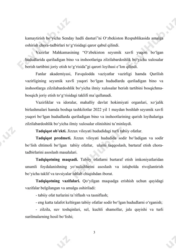 yo‘nalishlarini asoslash va istiqbolda rivojlantirish bo‘yicha taklif va tavsiyalar ishlab chiqishdan iborat. tadqiqotning vazifalari. qo‘yilgan maqsadga erishish uchun quyidagi vazifalar belgilangan va amalga oshiriladi: - tabiiy ofat turlarini ta’riflash va tasniflash; - eng katta talafot keltirgan tabiiy ofatlar sodir bo‘lgan hududlarni o‘rganish; - zilzila, suv toshqinlari, sel, kuchli shamollar, jala quyishi va turli surilmalarning hosil bo‘lishi; - viloyatda oxirgi o‘n yillikda sodir bo‘lgan tabiiy ofatlar yetkazgan zararni baholash va taqqoslash; - viloyatda yuz beragan tabiiy ofatlar dinamikasi o‘rganiladi va tahlil qilinadi; tadqiqotning metodologik asoslari. 2020 yil 17-dekabrda birlashgan millatlar tashkilotining tabiiy ofatlar xavfini kamaytirish byurosi (undrr) cima tadqiqot jamg‘armasi va osiyo tabiiy ofatlarga tayyorgarlik markazi (adpc) bilan hamkorlikda tabiiy ofatlar bilan bog‘liq ma'lumotlarni yig‘ish, tahlil qilish va hisobot berishga qaratilgan "desinventar-sendai" tizimli dasturiy ta'minoti to‘g‘risidagi qarori. bmt tabiiy ofatlar xavfini kamaytirish byurosi (undrr) vakillari, cima tadqiqot jamg‘armasi va osiyo tabiiy ofatlarga tayyorgarlik markazi (adpc) ekspertlari qator tashkilotlar, jumladan, favqulodda vaziyatlar …