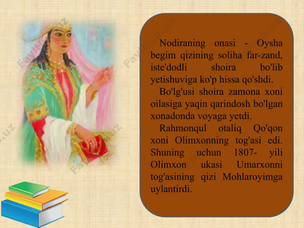 lari muhammadalixon, sulton mahmudxon ham, nevaralari ham vahshiyona qatl etildi. nodiradan xalqimizga ikki devon qoldi. nisbatan to'la deb hisoblanadigan turkiy devonida 189 g'azal mavjud. ulardan ayrimlari - tojikcha. forsiy she'rlari «devoni maknuna»da jamlangan. sharqda sohibi devon shoir bo'lish katta sharaf hisob-langan. chunki devon tuzishi uchun shoir arab alifbosidagi barcha harflar bilan tugaydigan g'azallar bitgan bo'lishi kerak. nodira ikki tilda ham ana shunday yuksak darajaga yetgan ijodkor edi. she'riyat muxlislari orasida shuhrati juda baland edi. bu haqda uning o'zi faxr bilan: nodira, har so'zki insho ayladim, aydi anga ahli davron: «marhabo!» - deb yozganida tamoman haq edi. chunki mana, oradan bir yarim asrdan ko'p vaqt o't-gan bo'lishiga qaramay, uning she'rlari sevib o'qiladi, hofizlarimiz tomonidan qo'shiq qilib kuylanadi, hamon kishilarga ma'naviy-ma'rifiy, badiiy-tabiiy (badiiy-estetik) zavq va lazzat ulashadi. nodira ijodi o'zidan keyingi ko'plab shoirlar uchun mahorat maktabi bo'lib xizmat qildi. zokirjon furqat-ning ayrim she'rlari aynan ana shu shoira asarlariga nazira (o'xshatma, tatabbu') tarzida …