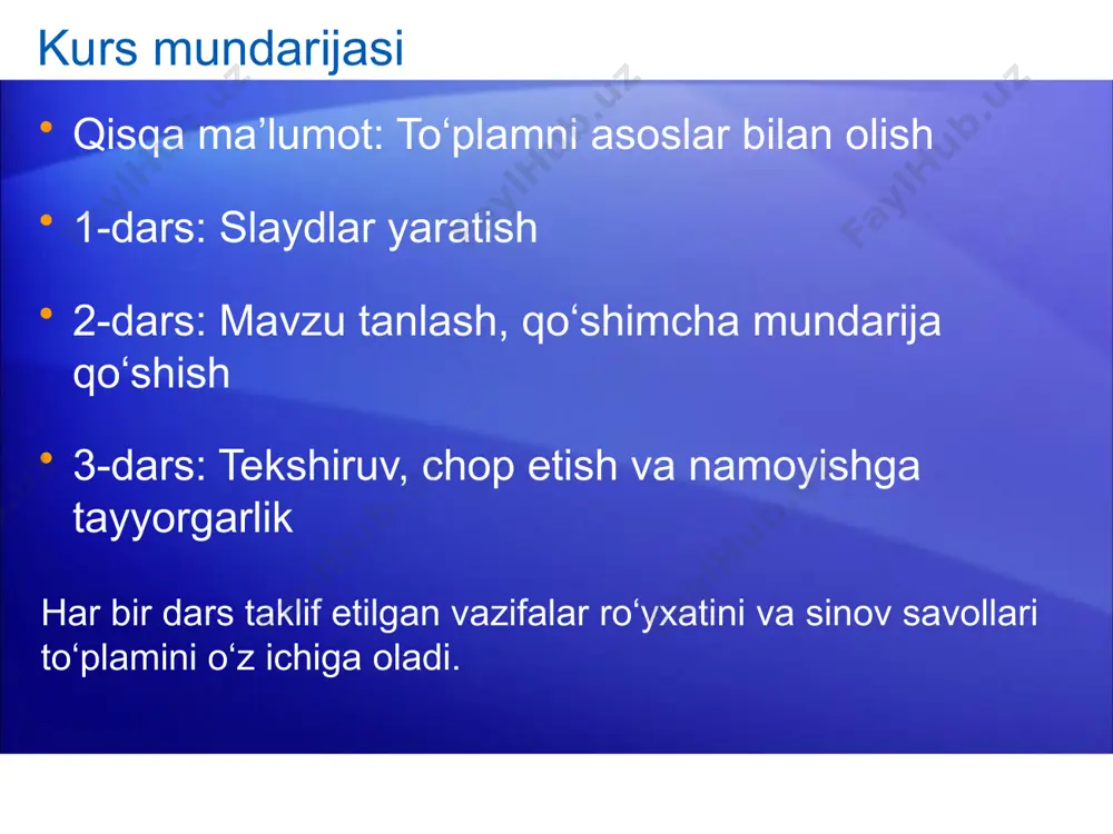 ing nomi - normal rejim. slaydlarni yaratish uchun shu yerda ishlashingiz kerak. slaydlar paneli o‘rtadagi katta sohadir. bu sohada bevosita slayd bilan ishlaysiz. ushbu slaydda nuqtali chiziqlar bilan ko‘rsatilgan oynalar to‘ldiriladigan sohalar deb ataladi. bu yerga matn kiritish, rasm va hokazolarni qo‘shish mumkin. normal rejimning asosiy 3 sohasi: sarlavha qo‘shish uchun bosing tagsarlavha qo‘shish uchun bosing eslatmalar qo‘shish uchun bosing 7 ishchi soha bilan tanishish bu powerpointda birinchi bo‘lib ochiladigan rejimdir. uning nomi - normal rejim. slaydlarni yaratish uchun shu yerda ishlashingiz kerak. chap tomonda kichkina, yoki eskiz shaklidagi, taqdimot slaydlarining versiyalari ko‘rsatiladi, va joriy ishlatilayotgan slayd alohida yorqin rangda belgilangan. bu soha “slaydlar” ilovasi deb ataladi. normal rejimning asosiy 3 sohasi: sarlavha qo‘shish uchun bosing tagsarlavha qo‘shish uchun bosing eslatmalar qo‘shish uchun bosing 8 boshqa slaydlarga o‘tish uchun “slaydlar” ilovasidagi slaydlar eskizlariga bosishingiz mumkin. ishchi soha bilan tanishish bu powerpointda birinchi bo‘lib ochiladigan rejimdir. uning nomi - normal rejim. …