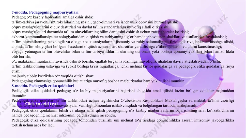 saqlash muassasalarida majburiy tibbiy ko‘rikdan bepul o‘tish (davlat ta’lim tashkilotlari uchun); ta’lim oluvchilarning huquqlari va qonuniy manfaatlarini himoya qilishda ishtirok etish. pedagog qonunchilik hujjatlariga muvofiq boshqa huquqlarga ham ega bo‘lishi mumkin. pedagog o‘zining kasbiy faoliyatini amalga oshirish davomida o‘z sha’ni, qadr-qimmati va ishchanlik obro‘sini himoya qilish uchun sudga da’vo arizasi bilan murojaat qilgan, shuningdek o‘z huquqlarini buzayotgan davlat organlarining g‘ayriqonuniy qarorlari, ular mansabdor shaxslarining harakatlari (harakatsizligi) ustidan shikoyat qilgan taqdirda davlat bojini to‘lashdan ozod qilinadi. ta’lim tashkiloti tomonidan pedagogning kasbiy faoliyatiga qonunga xilof ravishda aralashish yoki uning xizmat majburiyatlarini bajarishiga to‘sqinlik qilish bilan bog‘liq huquqbuzarlik sodir etilgan taqdirda, pedagog ma’muriy huquqbuzarlik to‘g‘risida bayonnoma tuzilmagan holda, o‘z arizasida huquqbuzarning shaxsi, ma’muriy huquqbuzarlik sodir etilgan joy, vaqt va uning mohiyati to‘g‘risidagi ma’lumotlarni, shuningdek ishni hal etish uchun zarur bo‘lgan boshqa ma’lumotlarni ko‘rsatib, sudga bevosita murojaat qilishga haqli. 7-modda. pedagogning majburiyatlari pedagog o‘z kasbiy faoliyatini amalga oshirishda: ta’lim-tarbiya jarayoni ishtirokchilarining sha’ni, qadr-qimmati va …