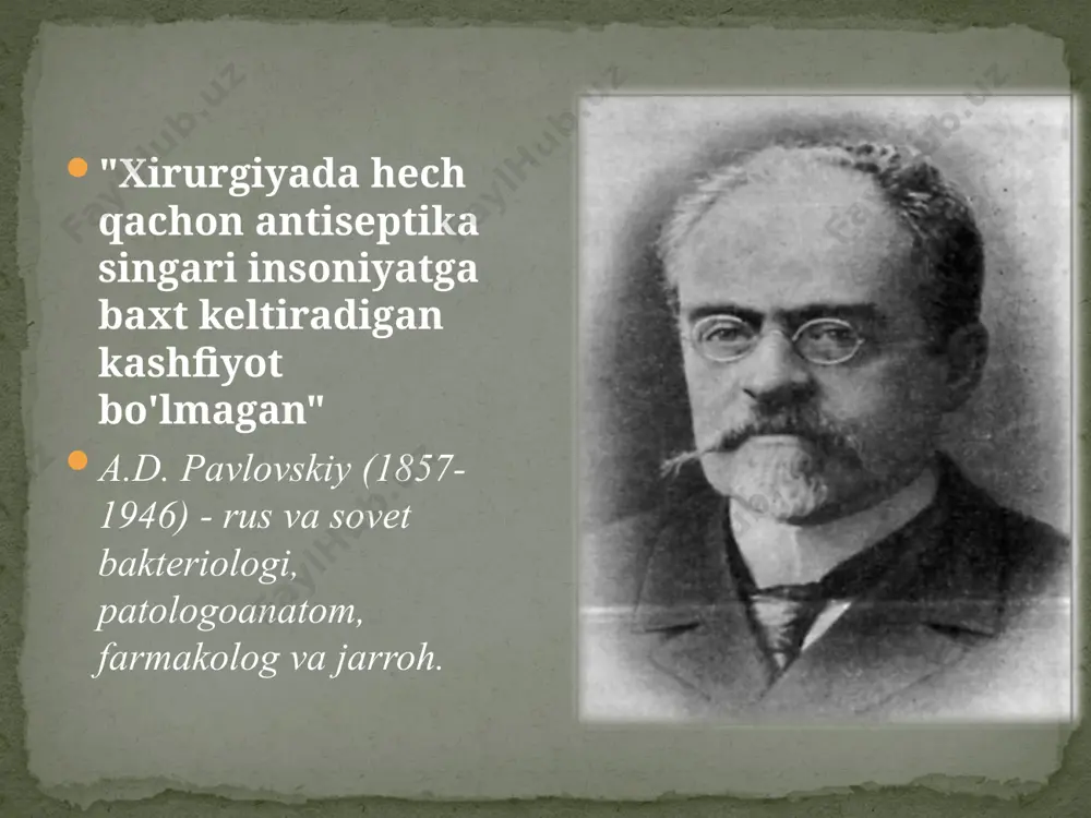usulini asoslab berdi. 1890 yilda berlinda bo'lib o'tgan x xalqaro jarrohlar kongressida u aseptika tamoyillarini bayon qildi. ernst fon bergman (1836-1907) (a – siz (inkor); septicos - yiringlashga olib keladigan, yiringli; aseptos - yiringlashga, parchalanishga tobe bo'lmagan) - jarrohlik operatsiyalari , bog’lamlarni almashtirish, endoskopiya va boshqa tibbiy va diagnostika muolajalari paytida bemorning yara, to'qimalar, organlar, tana bo'shliqlariga yuqumli qo'zg'atuvchilarning kirib kelishining oldini olishga qaratilgan chora-tadbirlar majmuasidir. aseptika aseptikaning asosiy qonuni: "yara yuzasi bilan aloqa qiladigan har bir narsa bakteriyalardan xoli bo'lishi kerak, steril bo'lishi kerak". yiringli-yallig'lanish jarayonlari ochiq jarohatlar, jarrohlik yaralari, ichi bo'sh organlarning yaxlitligi buzilgan yopiq jarohatlarning eng tez-tez uchraydigan va tez-tez og'ir asoratlari hisoblanadi. bu asoratlarning rivojlanishining sababi yaralarning mikrobial ifloslanishi - kontaminatsiya (contaminatio - joy almashish (lotin)) - mikroorganizmlarning yaraga kirishi. yara infektsiyasi - mahalliy va umumiy simptomlar bilan kechadigan yarada mikroblarning o'sishi, rivojlanishi jarayoni. yaraning ifloslanishi kerak emasligini va har doim yarada yuqumli jarayonga aylanmasligini bilishingiz …