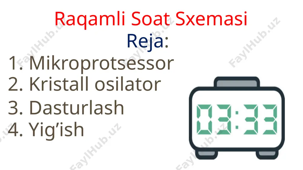 ov oziqlantirish soatni oziqlantirish manbaiga ulang. agar to'g'ri oziqlantirish mavjud bo'lsa, displeyda vaqt ko'rinishi kerak. tugmalar tugmalarni bosib, soatni sozlash, vaqtni o'zgartirish va boshqa funksiyalarni tekshiring. aniqlik soatning aniqligini vaqtning o'tishi bilan tekshiring. agar aniqlikda xatoliklar bo'lsa, dasturni sozlashingiz kerak bo'lishi mumkin. xulosa raqamli soat qurish sizga elektronika olamini o'rganish imkoniyatini beradi. siz mikroprotsessor, kristall osilator, displey, tugmalar, va dasturlash kabi turli xil texnologiyalar bilan tanishasiz. o'zingizning soatingizni yaratish sizga elektronikaning ajoyib dunyosini chuqurroq anglashga yordam beradi. image1.jpeg image2.jpeg image3.png image4.png image5.png image6.png image7.png image8.png image9.png image10.png image11.png image12.png image13.png image14.png image15.png image16.png image17.png /docprops/thumbnail.jpeg