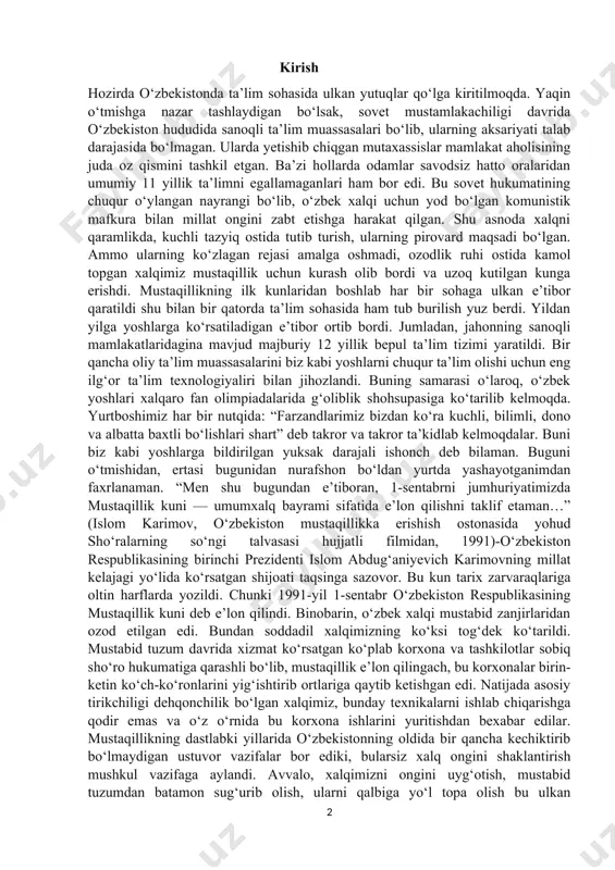 ilgan yuksak darajali ishonch deb bilaman. buguni o‘tmishidan, ertasi bugunidan nurafshon bo‘ldan yurtda yashayotganimdan faxrlanaman. “men shu bugundan e’tiboran, 1-sentabrni jumhuriyatimizda mustaqillik kuni — umumxalq bayrami sifatida e’lon qilishni taklif etaman…” (islom karimov, o‘zbekiston mustaqillikka erishish ostonasida yohud sho‘ralarning so‘ngi talvasasi hujjatli filmidan, 1991)-o‘zbekiston respublikasining birinchi prezidenti islom abdug‘aniyevich karimovning millat kelajagi yo‘lida ko‘rsatgan shijoati taqsinga sazovor. bu kun tarix zarvaraqlariga oltin harflarda yozildi. chunki 1991-yil 1-sentabr o‘zbekiston respublikasining mustaqillik kuni deb e’lon qilindi. binobarin, o‘zbek xalqi mustabid zanjirlaridan ozod etilgan edi. bundan soddadil xalqimizning ko‘ksi tog‘dek ko‘tarildi. mustabid tuzum davrida xizmat ko‘rsatgan ko‘plab korxona va tashkilotlar sobiq sho‘ro hukumatiga qarashli bo‘lib, mustaqillik e’lon qilingach, bu korxonalar birin-ketin ko‘ch-ko‘ronlarini yig‘ishtirib ortlariga qaytib ketishgan edi. natijada asosiy tirikchiligi dehqonchilik bo‘lgan xalqimiz, bunday texnikalarni ishlab chiqarishga qodir emas va o‘z o‘rnida bu korxona ishlarini yuritishdan bexabar edilar. mustaqillikning dastlabki yillarida o‘zbekistonning oldida bir qancha kechiktirib bo‘lmaydigan ustuvor vazifalar bor ediki, bularsiz xalq …
