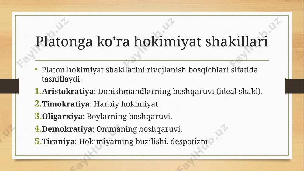 g markazlashgan vakolatlari orqali amalga oshiriladi, va fuqarolar jamiyatdagi muhim masalalarda ishtirok etish huquqiga ega bo‘lmasligi mumkin. populizm populizm — bu siyosiy harakat yoki nazariya bo‘lib, unda siyosatchilar o‘zlarini xalqning haqiqatdagi vakillari sifatida taqdim etadilar va ko‘pincha oddiy fuqarolar bilan elita o‘rtasidagi tafovutni kamaytirishga harakat qiladilar. populizm odatda jamiyatdagi mavjud muammolarni, adolatsizliklarni yoki tengsizliklarni ajratib ko‘rsatadi va hukumatning samarali ishlamasligini tanqid qiladi. zamonaviy nazariyalar(demokratizm) demokratiya — bu xalqning davlat hokimiyatini tashkil etish va boshqarishda bevosita yoki vakillar orqali ishtirok etishiga asoslangan boshqaruv shaklidir. "demokratiya" so‘zi qadimgi yunoncha "demos" (xalq) va "kratos" (hokimiyat) so‘zlaridan kelib chiqqan bo‘lib, "xalq hokimiyati" degan ma'noni anglatadi. image5.png image6.png image7.jpg image8.jpg image9.jpeg image10.jpeg image11.jpeg image12.jpeg image13.jpeg image14.png image15.jpeg image16.jpeg image17.jpeg image3.png image4.png /docprops/thumbnail.jpeg
