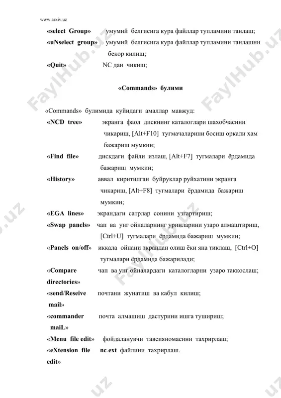 н иш холатларини эсда саклаб колади (ушбу ишни (shift +f9) тугмаларини босиш билан бажариш мумкин); options ,булимининг сonfiguration амали «сonfigugation..» уз навбатида куйидаги кисимлардан иборат: «screen colors» ихтиерингиздаги копютернинг турига караб «black & white»(дисплей кора -ок рангли булса ) , «сolor» (рангли дисплей булса ) еки «lap-top» (портатив компьютер)лардан бирортасини курсорни бошкарувчи тугмалар ердамида танлаб , буш жой тугмаси босилади. «screen blank delay» шу булимда танланган вакт (масалан 5 минут ) мобайнида компютерда хеч ким ишламаса, экран «юлдузли осмон» тусига киради (ихтиерий тугмани босангиз экран яна асл холига кайтади). агар сичконча билан ишлаетган булсангиз ,экранинг дархол «юлдузли осмон «тусига киритиш учун сисконча белгисини экраннинг юкори унг бурчагига келтириб куйиш керак. «files panels options» кисмида иккита холат бор: «show hidden files» яшил файлларни куринадиган килиш ва аксинча; «ins moves down» шу холат фаол булса, «ins» тугмаси ёрдамида файл танлангандан сунг курсор навбатдаги файлга утади; «tree panels options» кисмидаги «auto change directory» …