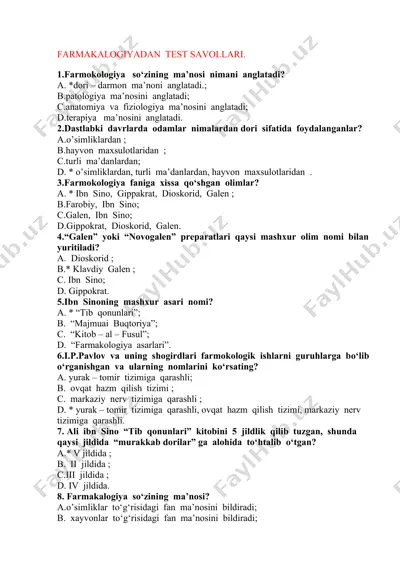 farmokalogiyadan test savollari — DOCX